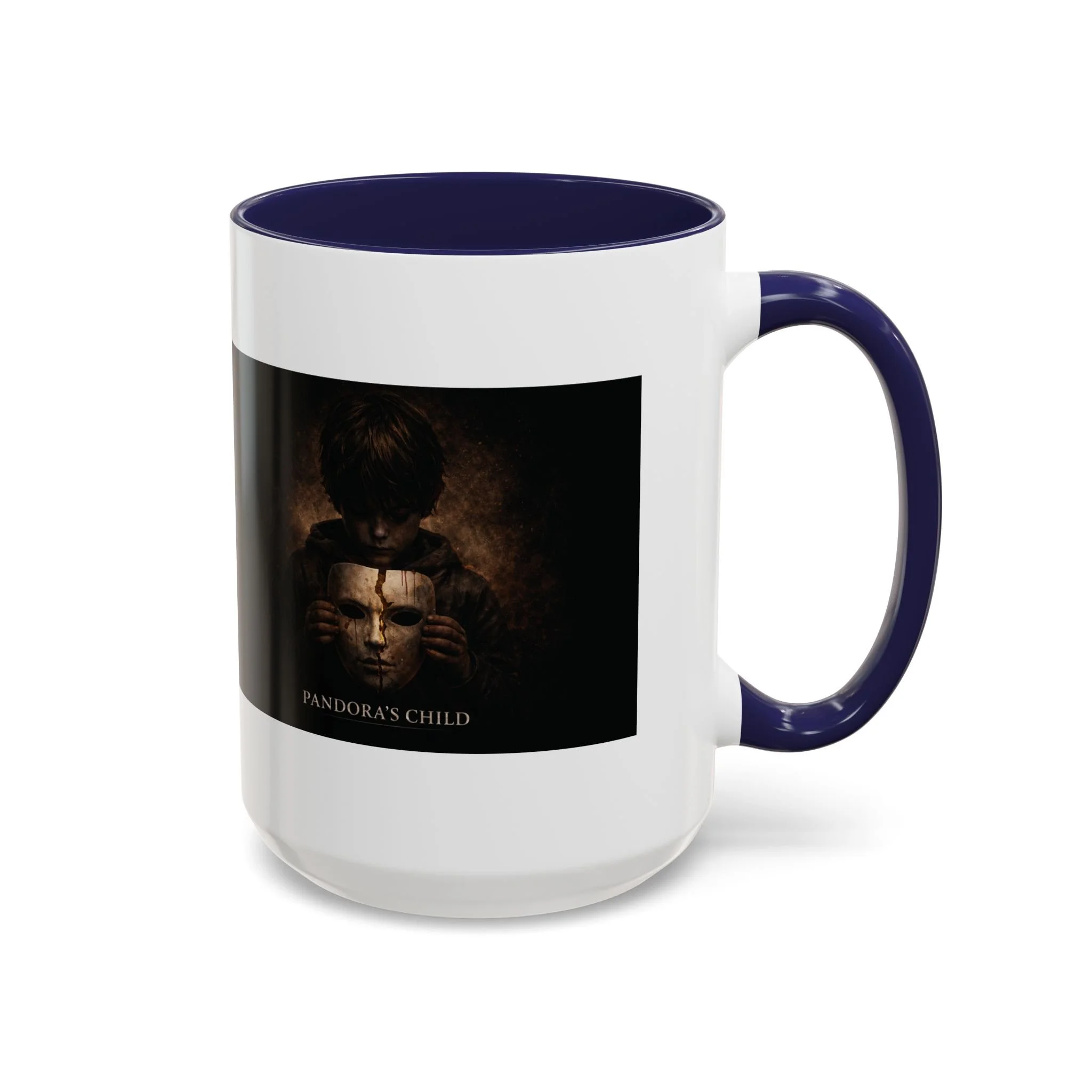 Pandora’s Child 15oz ceramic coffee mug with navy interior and handle, showing the full child, cracked mask and Pandora’s Child title on the opposite side.