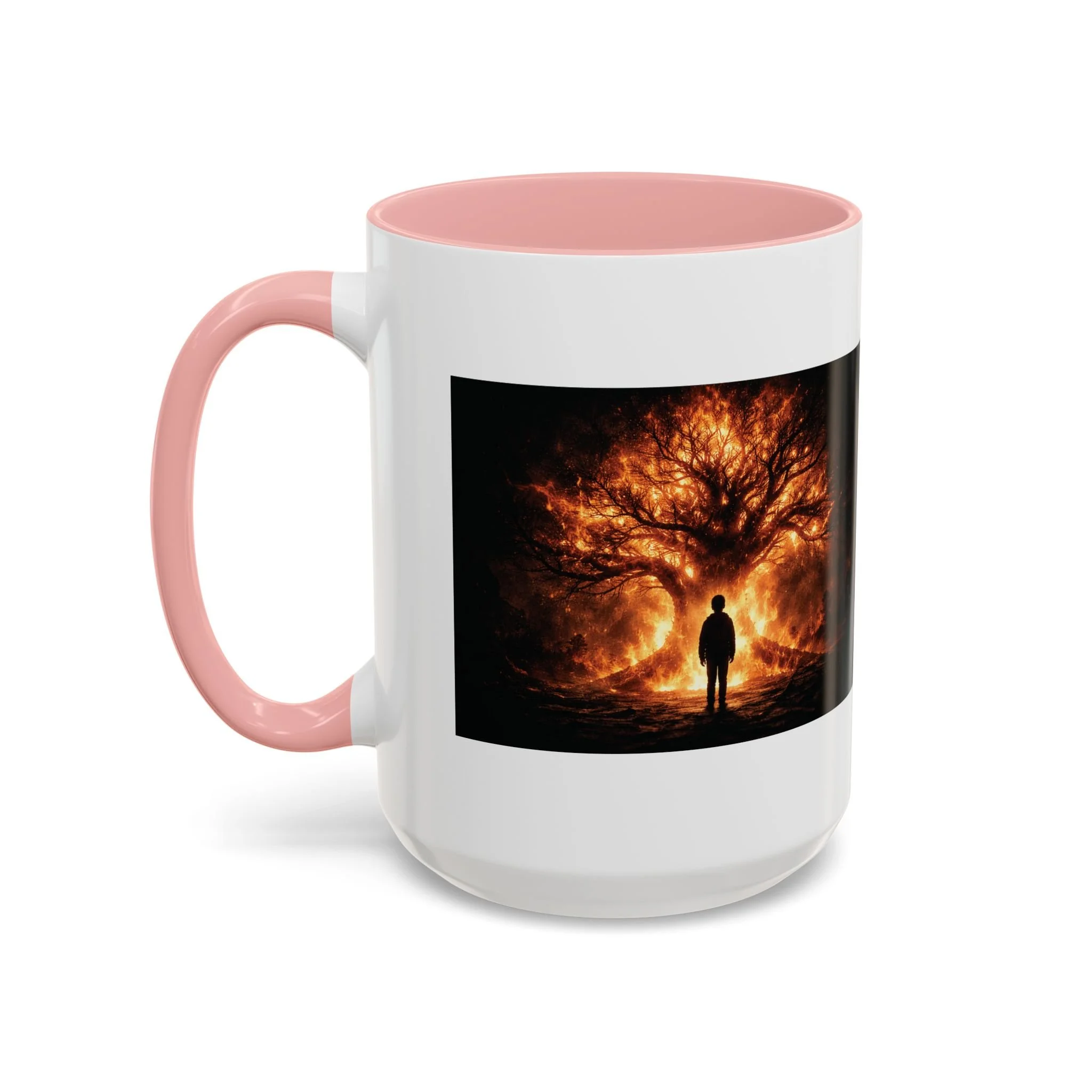Pandora’s Child 15oz ceramic coffee mug with pink interior and handle, showing the full fiery tree and silhouetted figure artwork on one side.