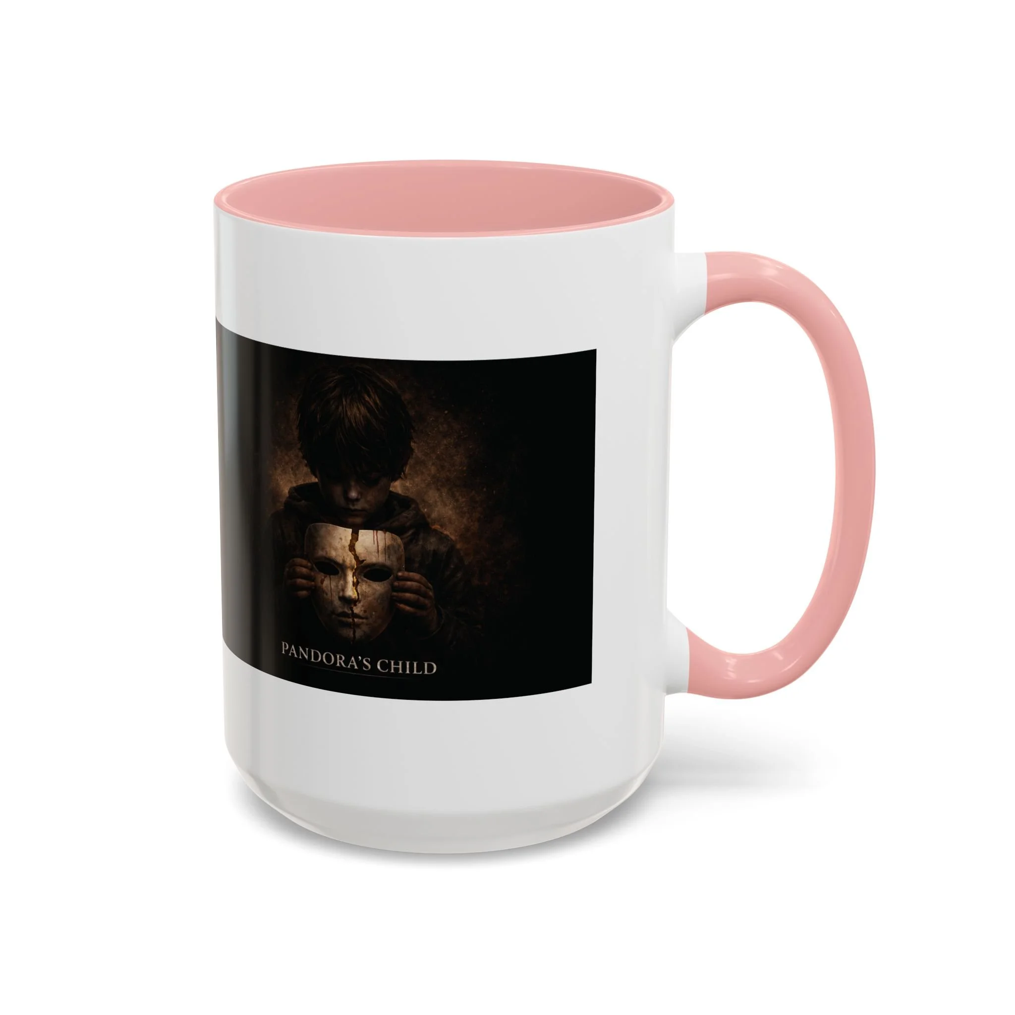 Pandora’s Child 15oz ceramic coffee mug with pink interior and handle, showing the full child, cracked mask and Pandora’s Child title on the opposite side.