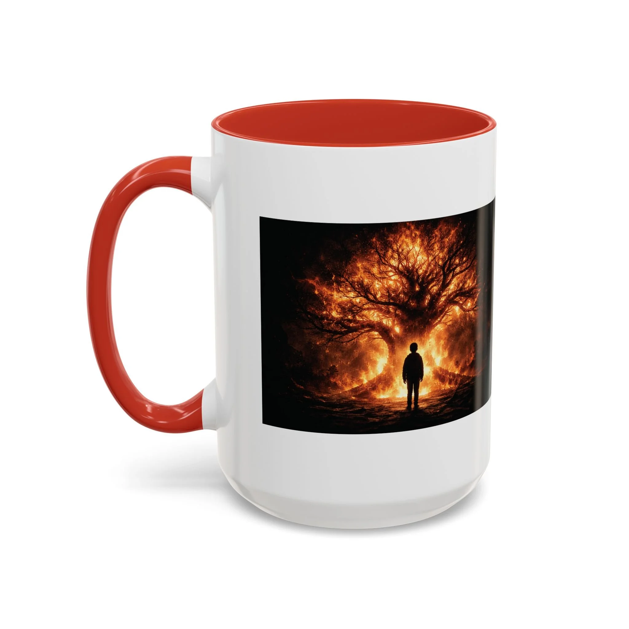 Pandora’s Child 15oz ceramic coffee mug with red interior and handle, showing the full fiery tree and silhouetted figure artwork on one side.