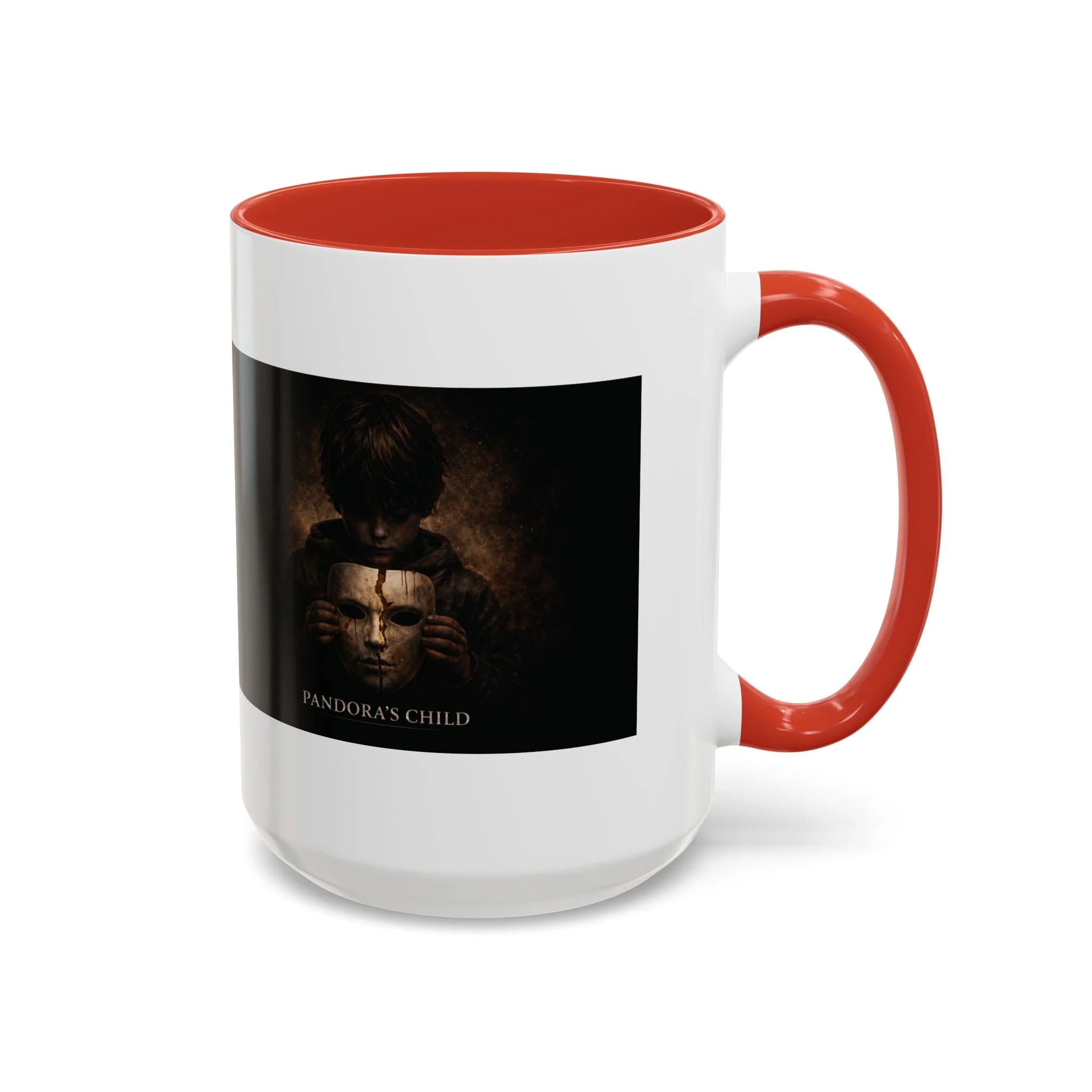 Pandora’s Child 15oz ceramic coffee mug with red interior and handle, showing the full child, cracked mask and Pandora’s Child title on the opposite side.