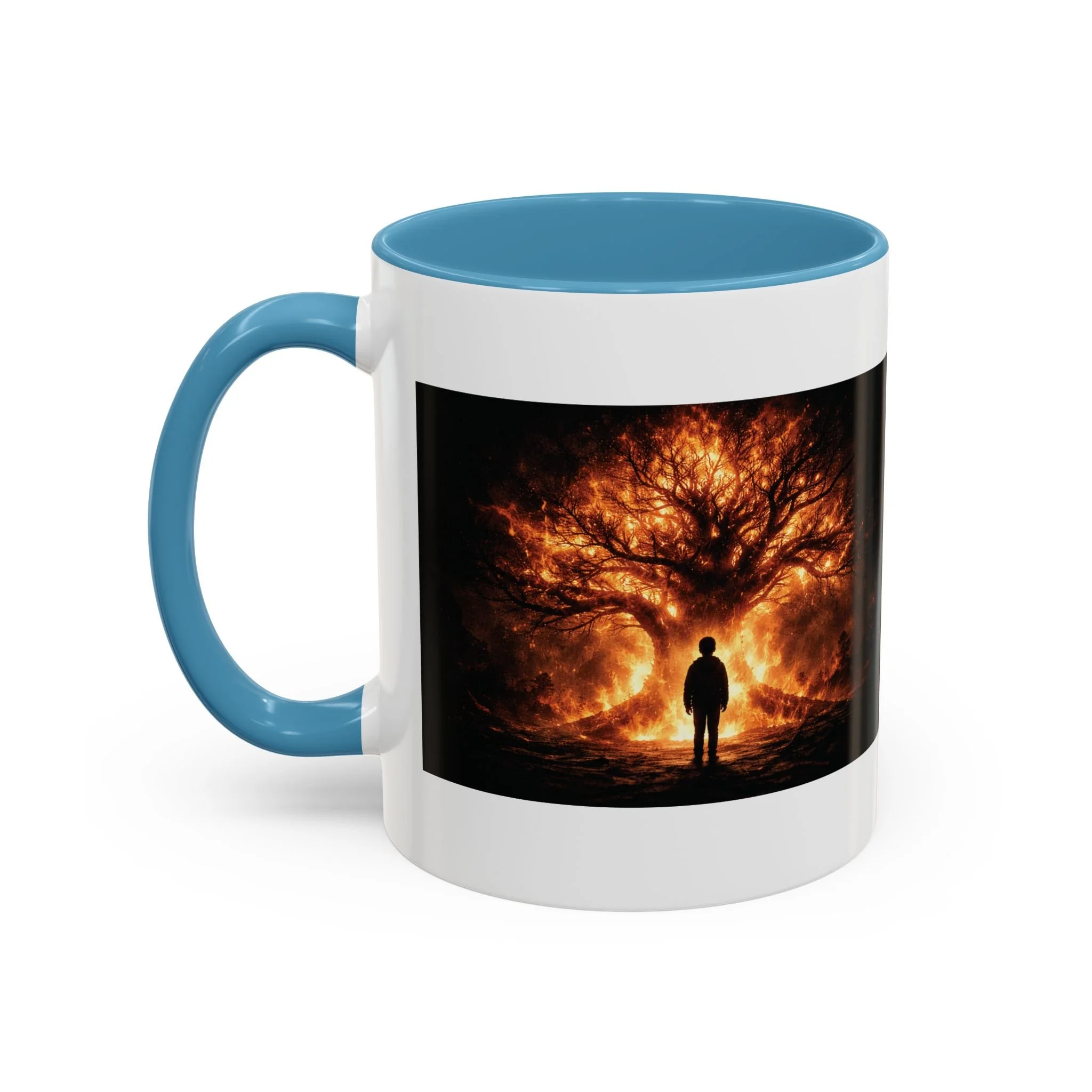 Pandora’s Child 11oz ceramic coffee mug with light blue interior and handle, showing the full fiery tree and silhouetted figure artwork on one side.