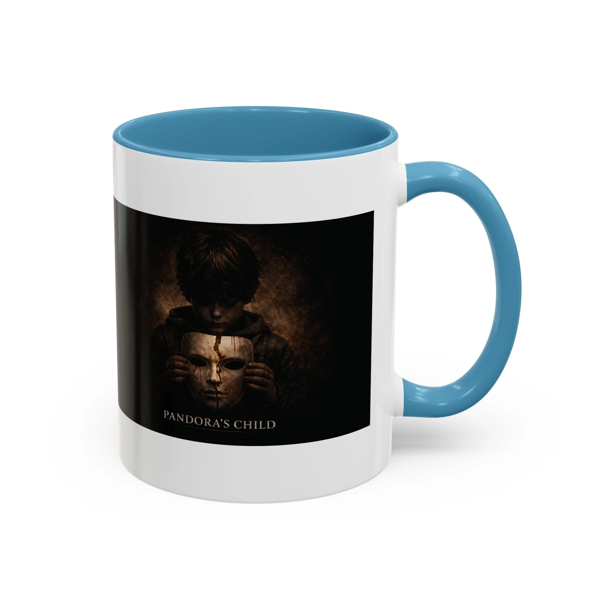 Pandora’s Child 11oz ceramic coffee mug with light blue interior and handle, showing the full child, cracked mask and Pandora’s Child title on the opposite side.