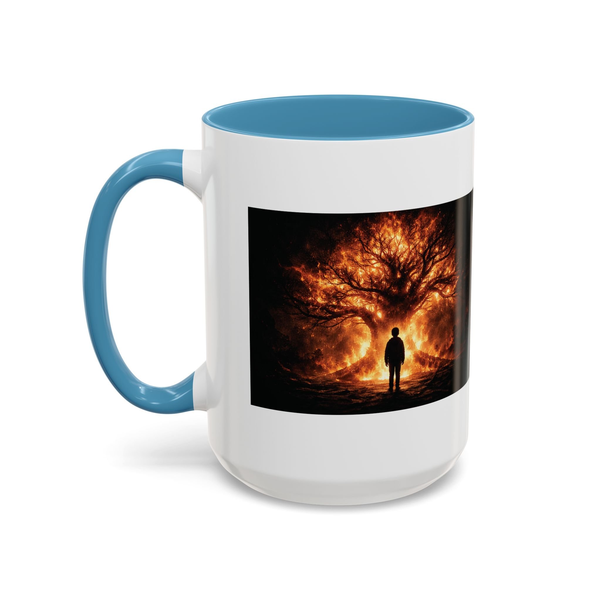 Pandora’s Child 15oz ceramic coffee mug with light blue interior and handle, showing the full fiery tree and silhouetted figure artwork on one side.