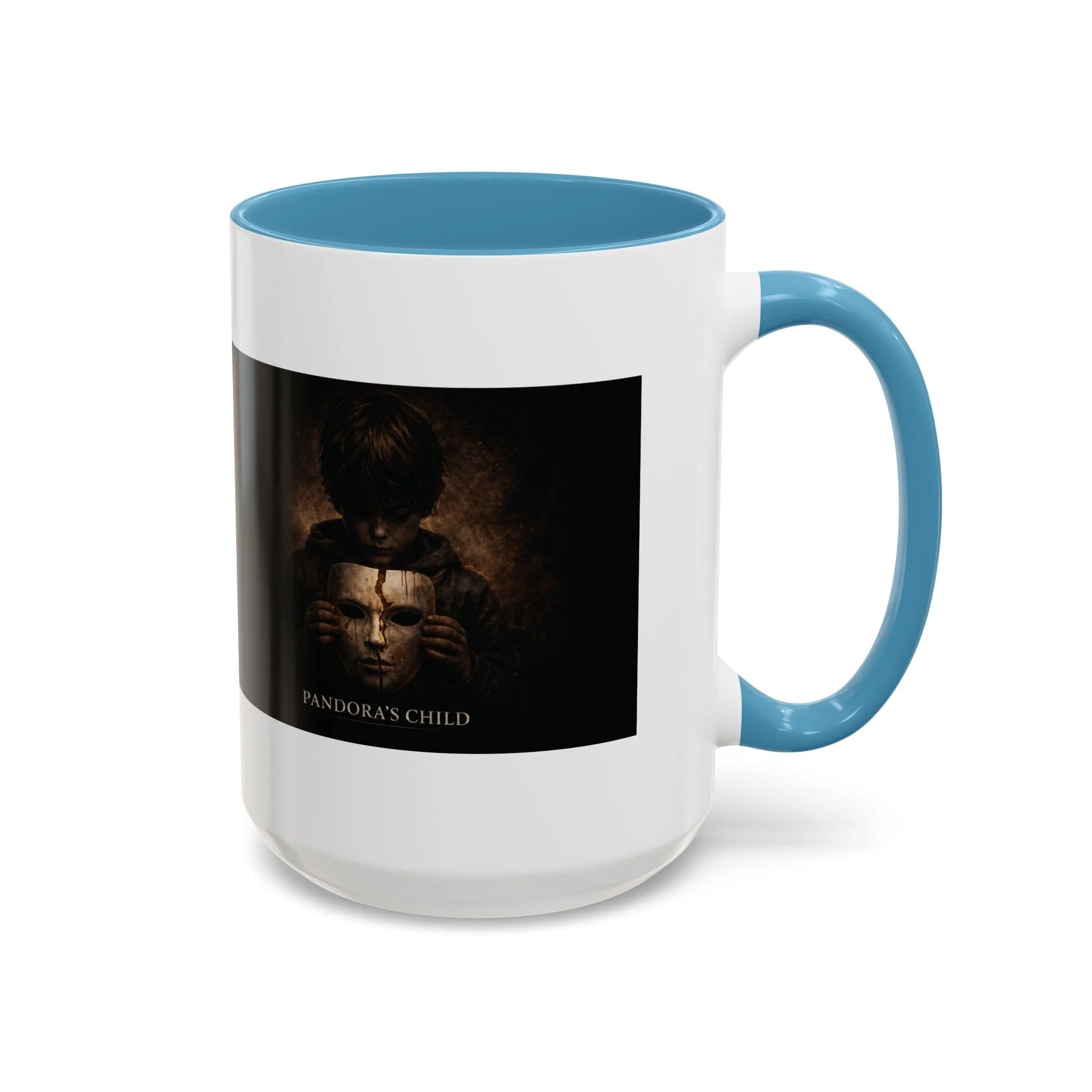 Pandora’s Child 15oz ceramic coffee mug with light blue interior and handle, showing the full child, cracked mask and Pandora’s Child title on the opposite side.