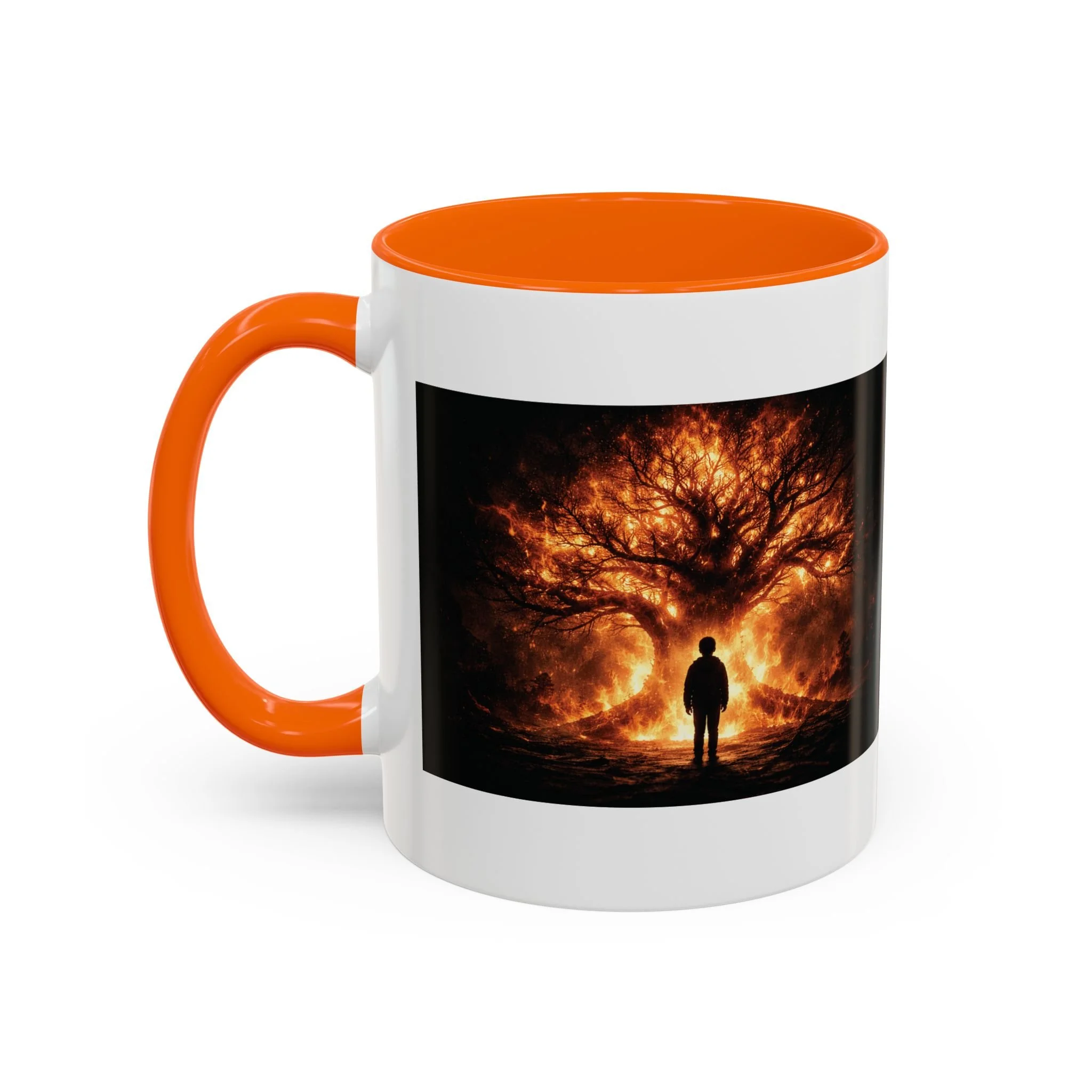 Pandora’s Child 11oz ceramic coffee mug with orange interior and handle, showing the full fiery tree and silhouetted figure artwork on one side.