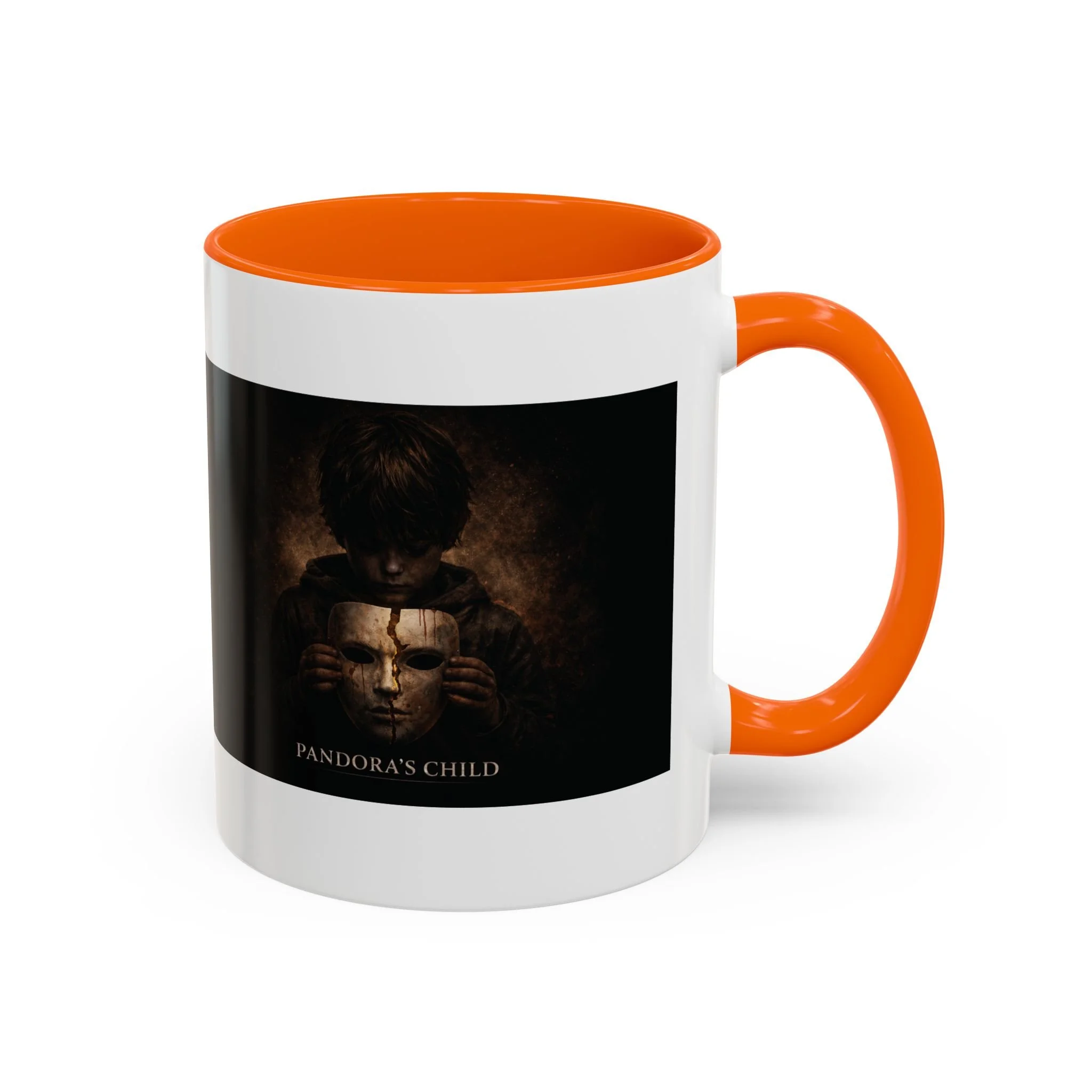 Pandora’s Child 11oz ceramic coffee mug with orange interior and handle, showing the full child, cracked mask and Pandora’s Child title on the opposite side.