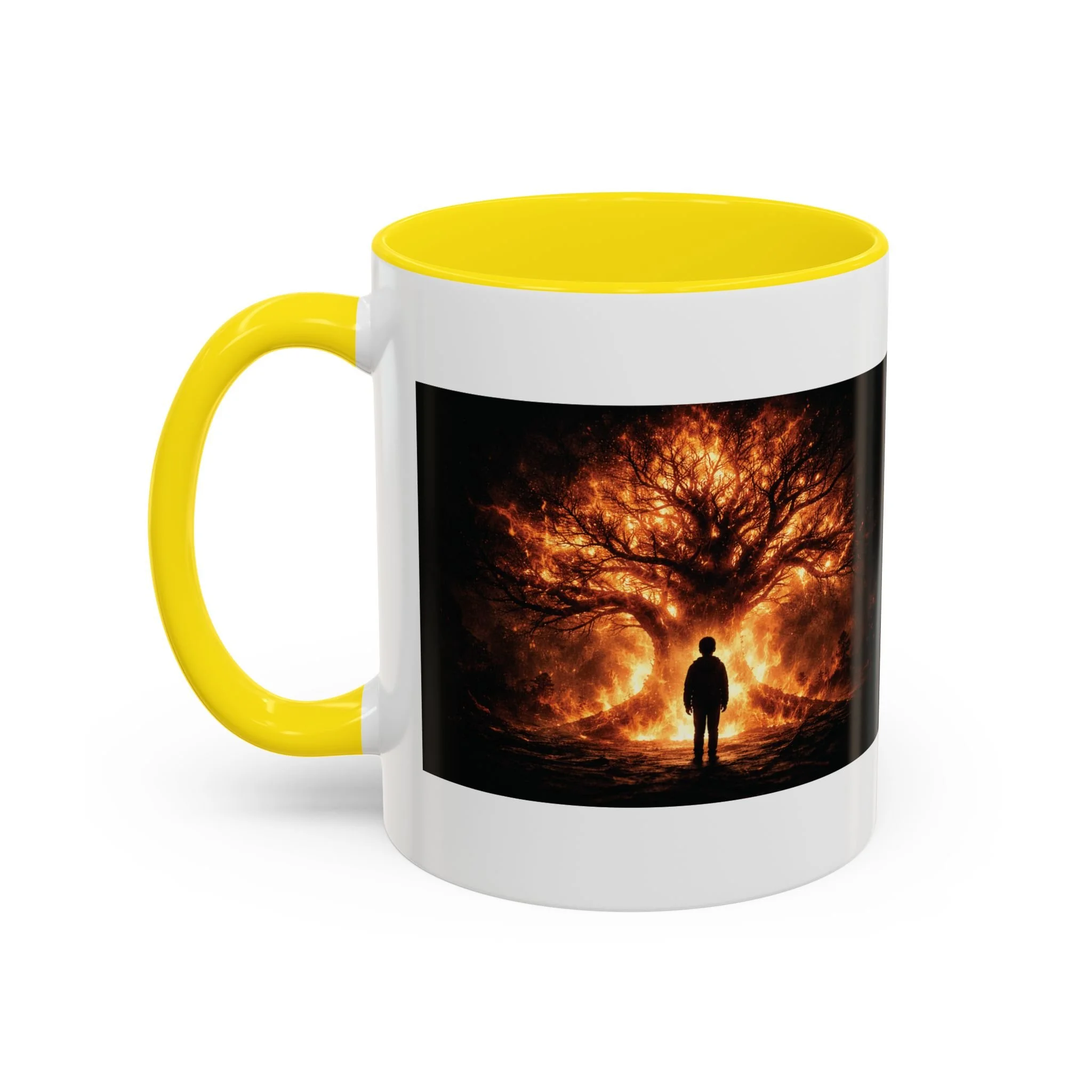 Pandora’s Child 11oz ceramic coffee mug with yellow interior and handle, showing the full fiery tree and silhouetted figure artwork on one side.