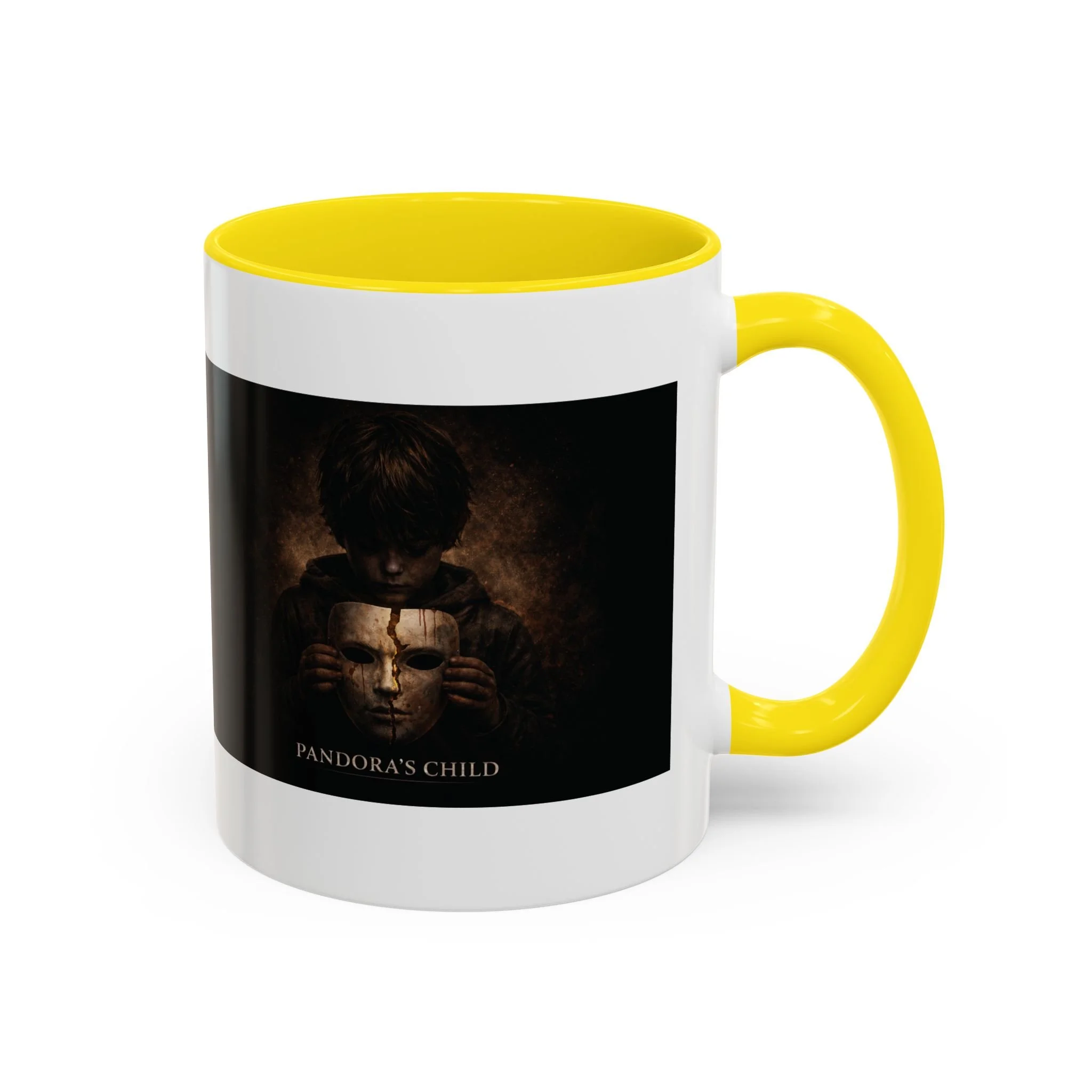 Pandora’s Child 11oz ceramic coffee mug with yellow interior and handle, showing the full child, cracked mask and Pandora’s Child title on the opposite side.