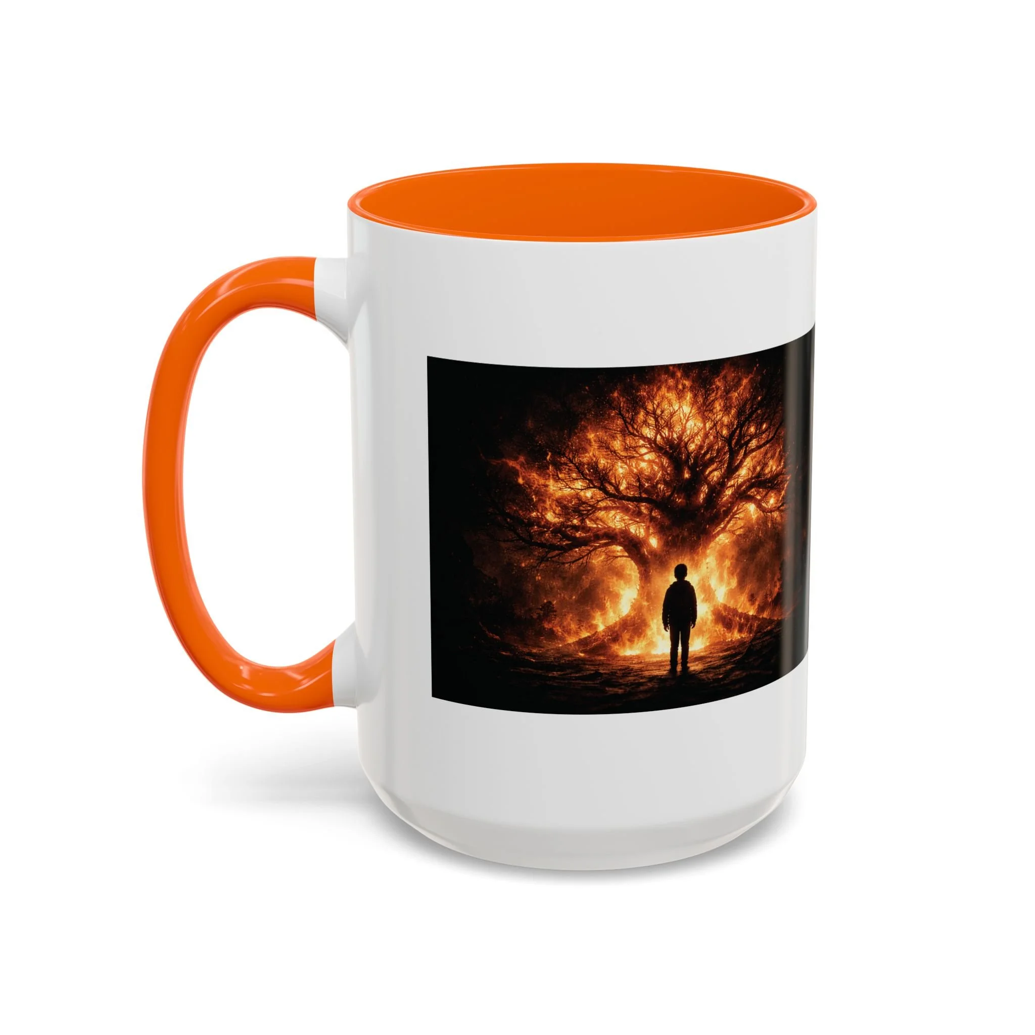 Pandora’s Child 15oz ceramic coffee mug with orange interior and handle, showing the full fiery tree and silhouetted figure artwork on one side.