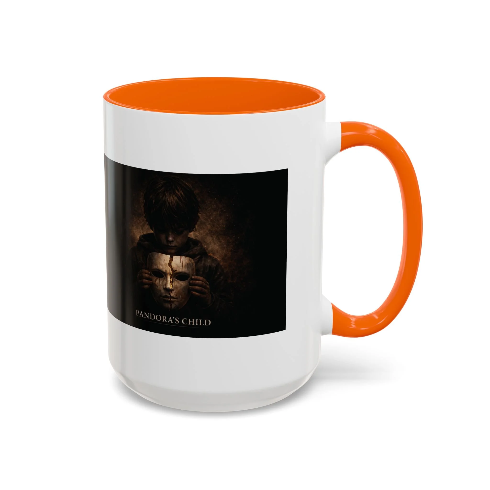 Pandora’s Child 15oz ceramic coffee mug with orange interior and handle, showing the full child, cracked mask and Pandora’s Child title on the opposite side.