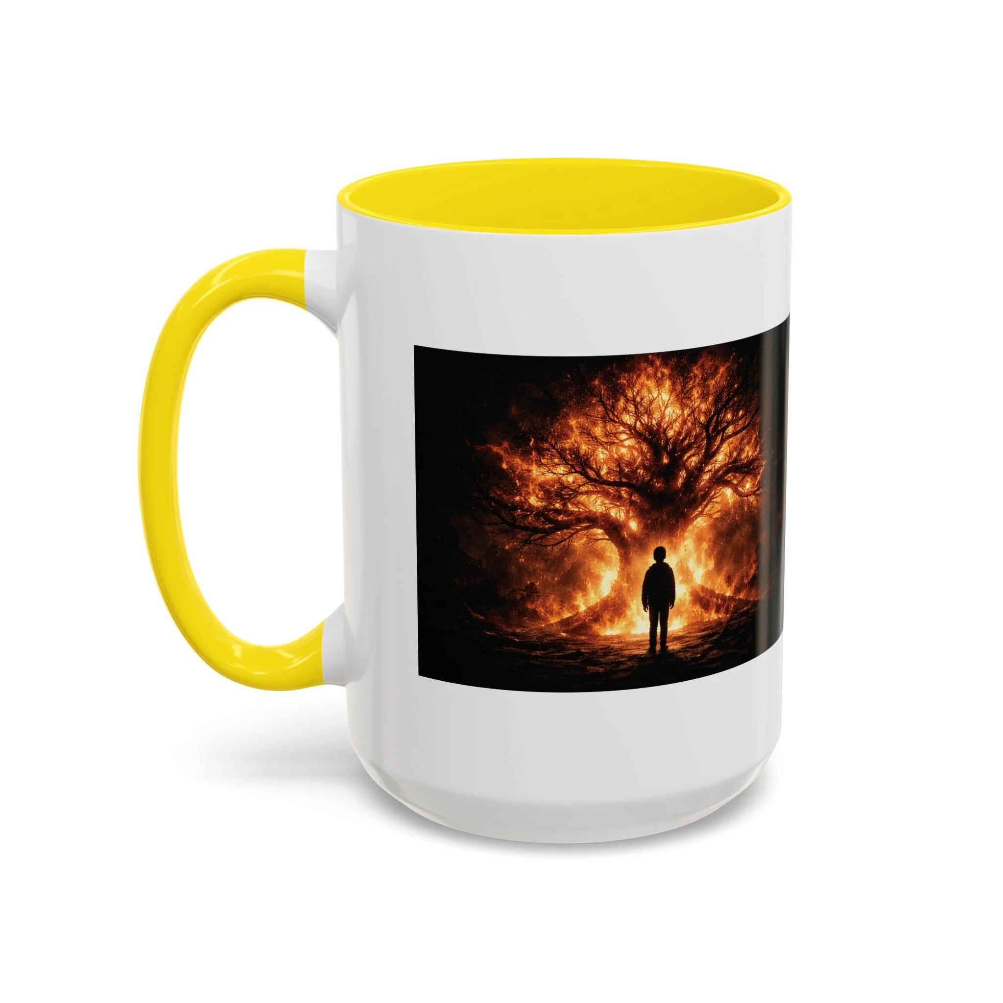 Pandora’s Child 15oz ceramic coffee mug with yellow interior and handle, showing the full fiery tree and silhouetted figure artwork on one side.