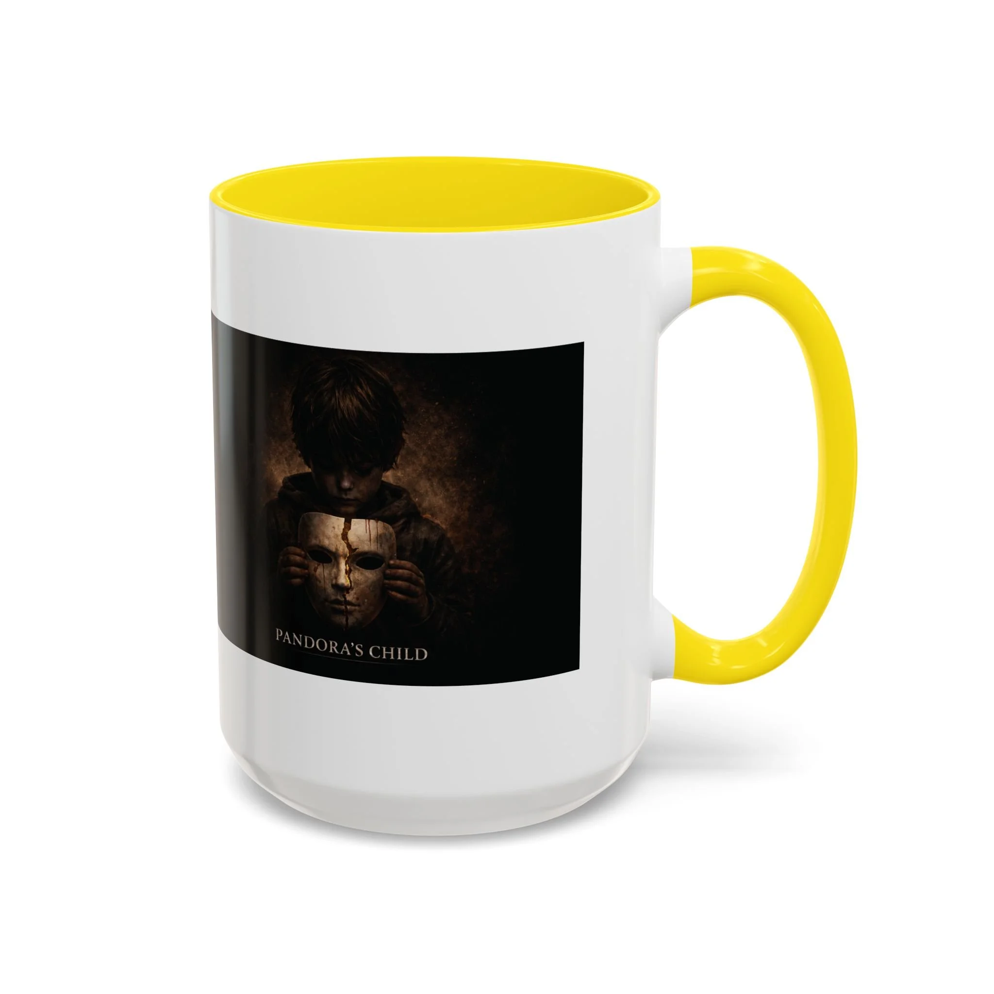 Pandora’s Child 15oz ceramic coffee mug with yellow interior and handle, showing the full child, cracked mask and Pandora’s Child title on the opposite side.