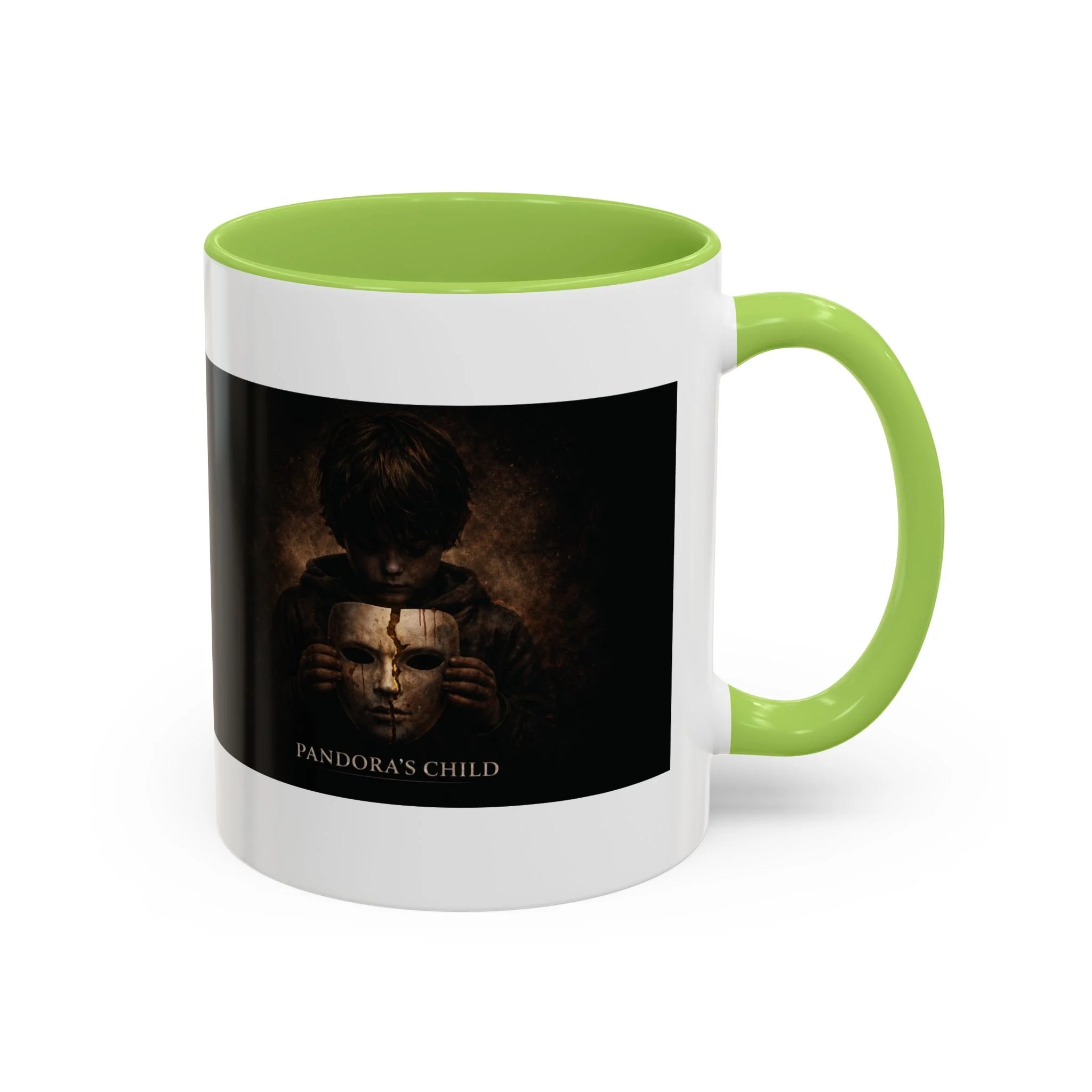 Pandora’s Child 11oz ceramic coffee mug with light green interior and handle, showing the full child, cracked mask and Pandora’s Child title on the opposite side.