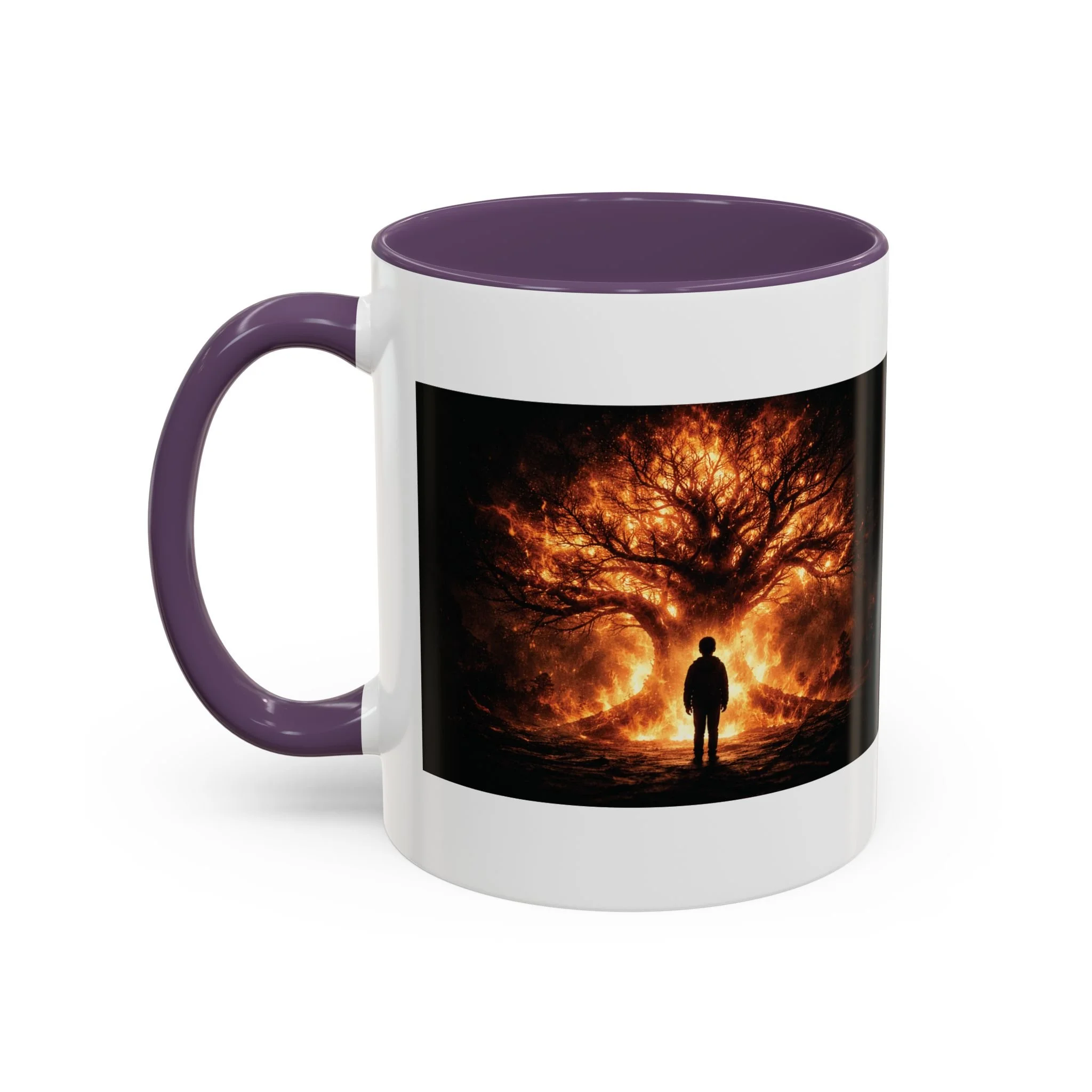 Pandora’s Child 11oz ceramic coffee mug with purple interior and handle, showing the full fiery tree and silhouetted figure artwork on one side.