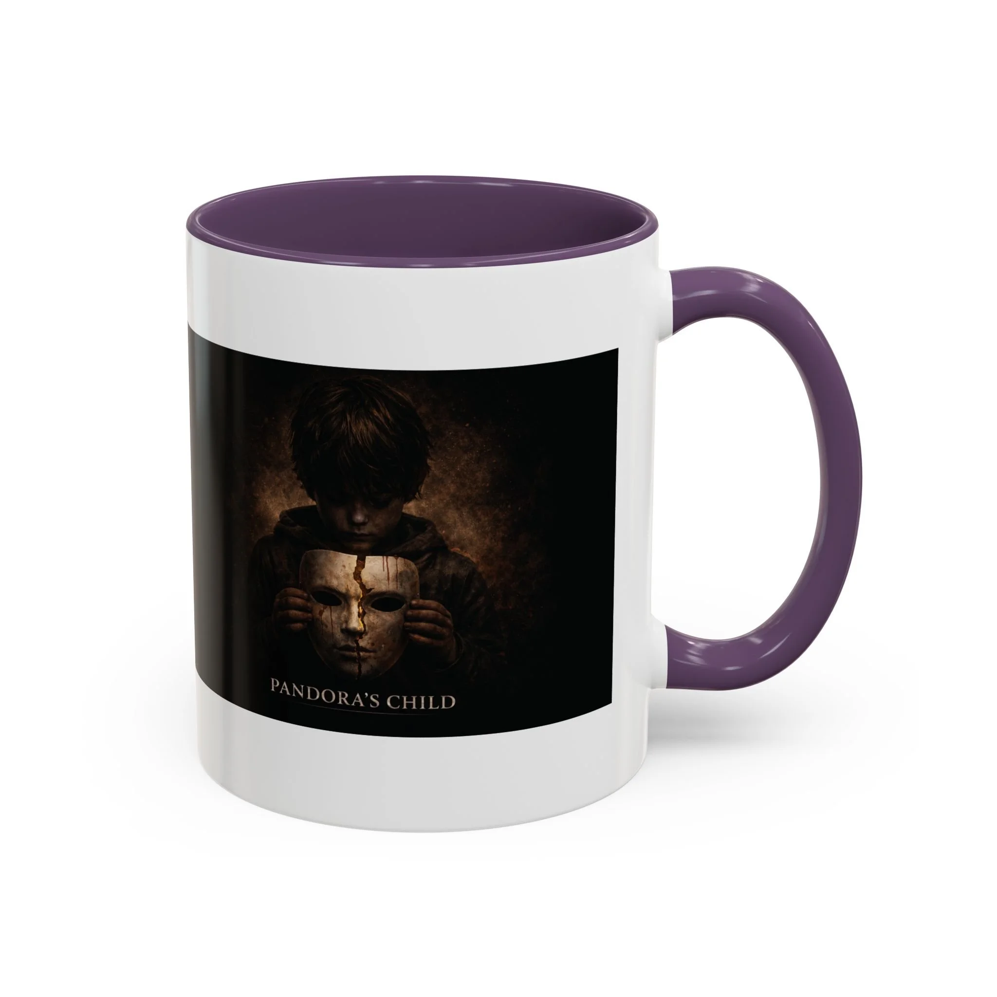 Pandora’s Child 11oz ceramic coffee mug with purple interior and handle, showing the full child, cracked mask and Pandora’s Child title on the opposite side.
