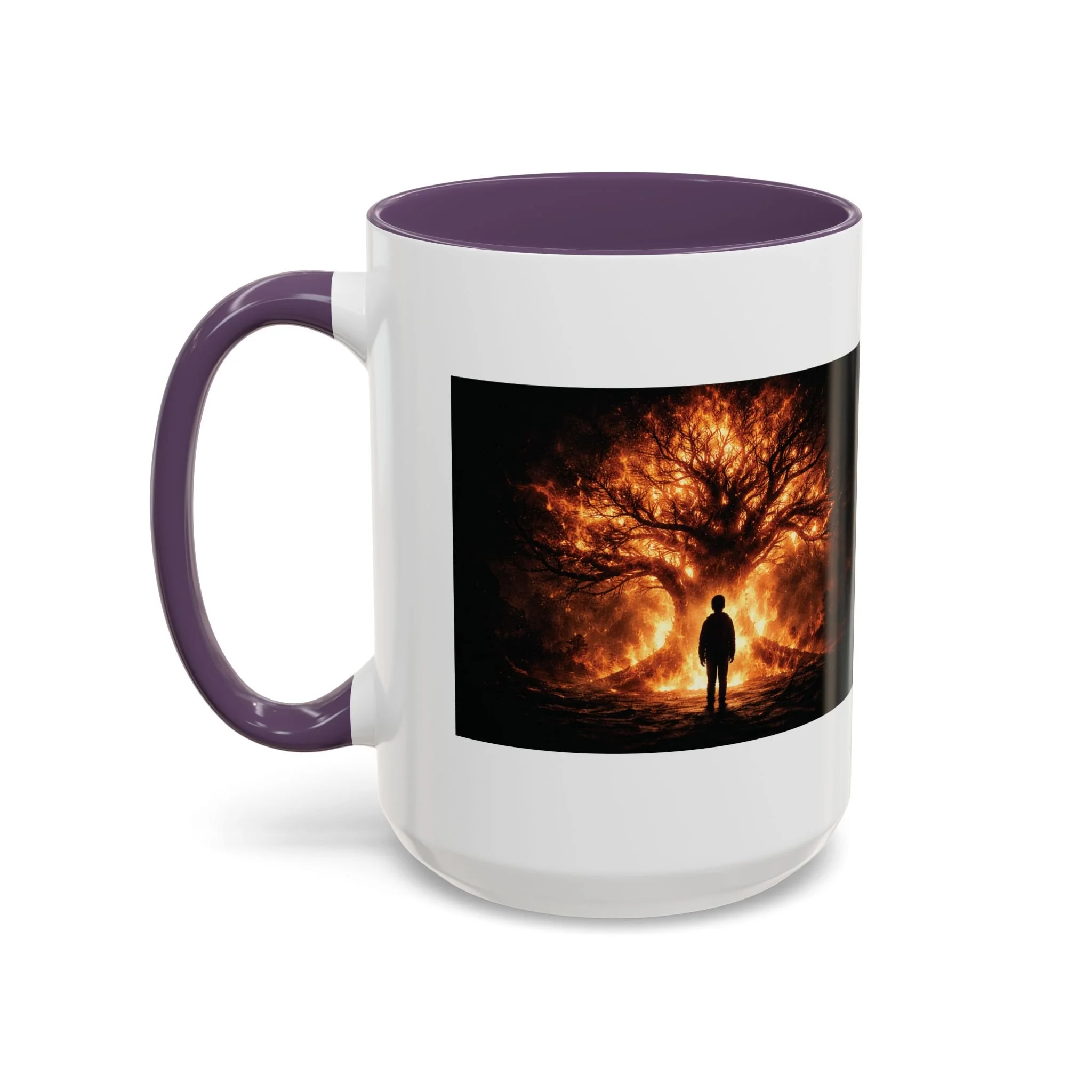 Pandora’s Child 15oz ceramic coffee mug with purple interior and handle, showing the full fiery tree and silhouetted figure artwork on one side.