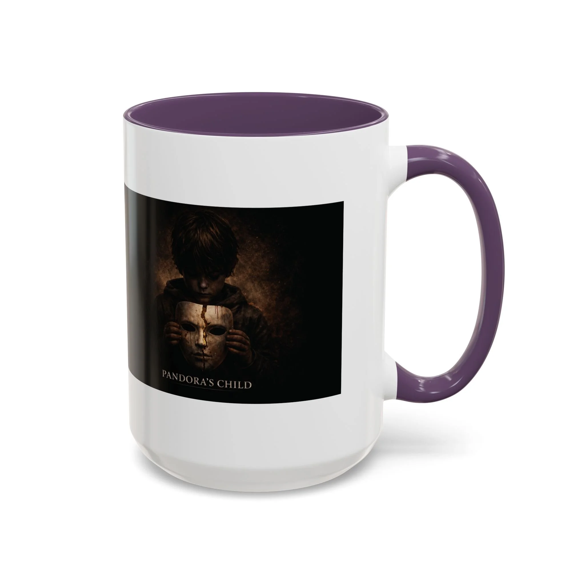 Pandora’s Child 15oz ceramic coffee mug with purple interior and handle, showing the full child, cracked mask and Pandora’s Child title on the opposite side.