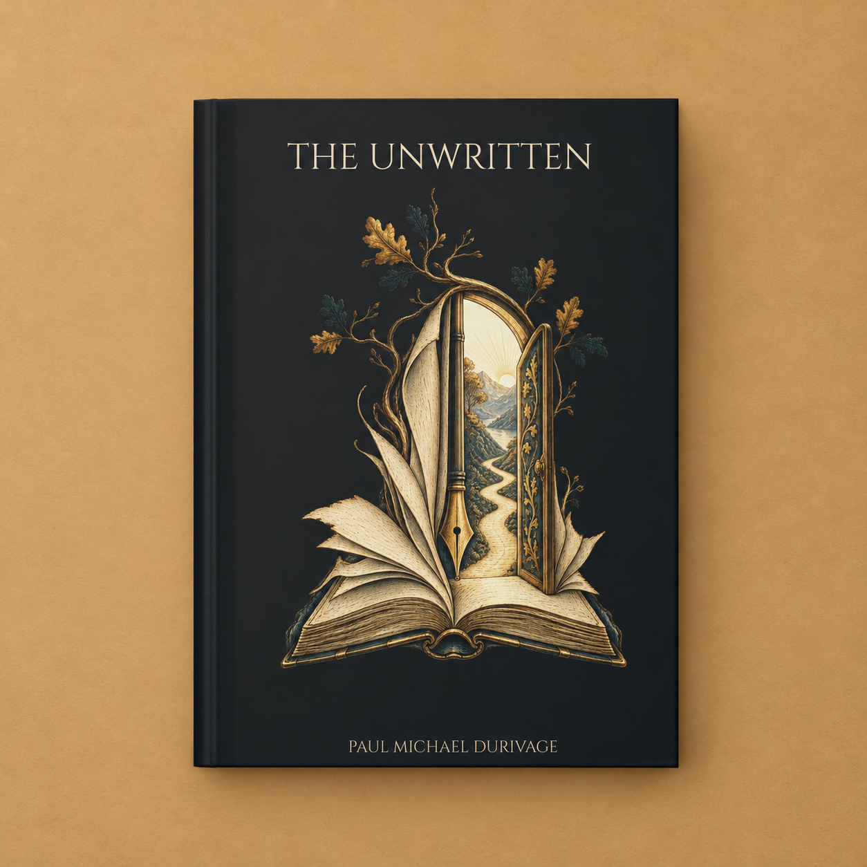 The Unwritten hardcover lined writing journal front on warm ochre sandstone, with original book-and-doorway artwork, title and Paul Michael Durivage author credit.