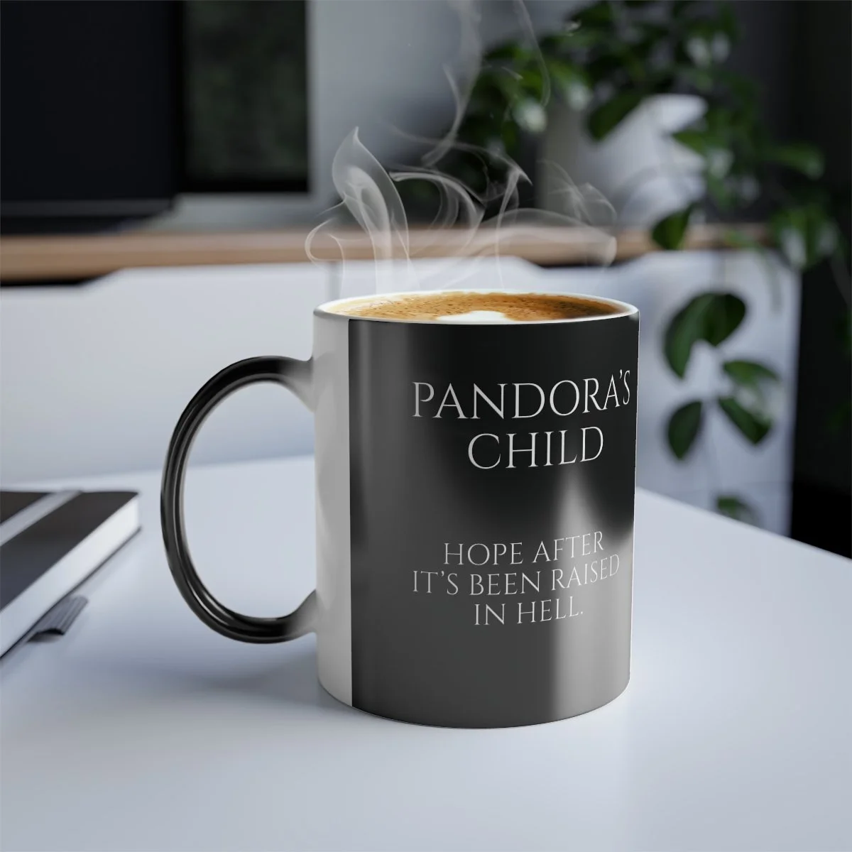 Pandora’s Child 11 oz color morphing mug, supplier Context 1 view. Context props are not included.