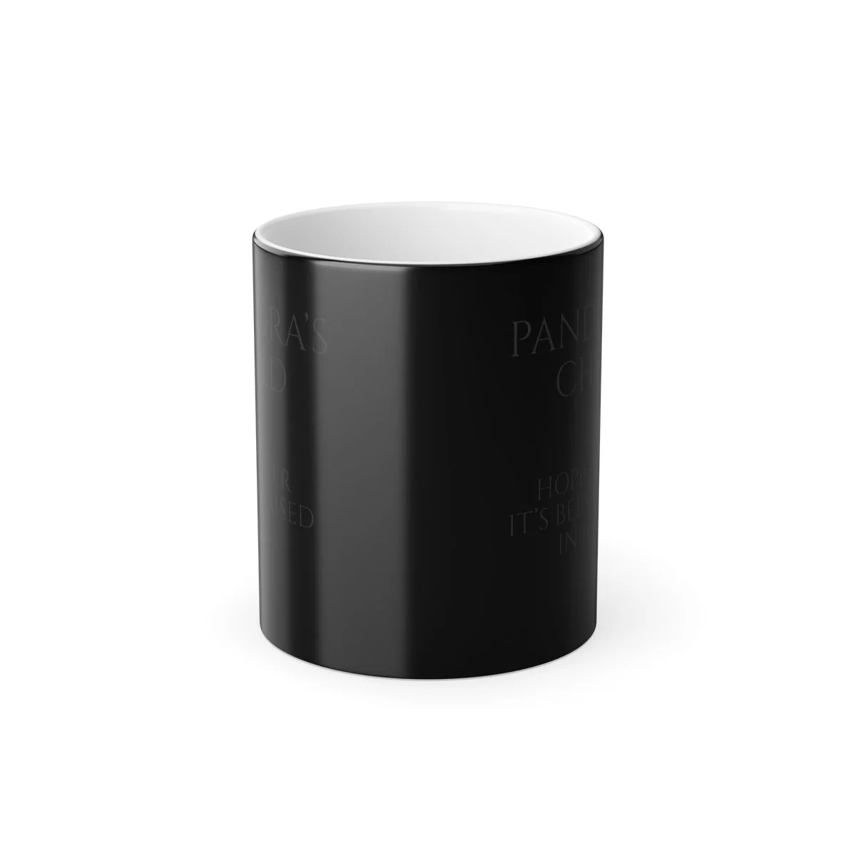 Pandora’s Child 11 oz color morphing mug, supplier Front cold view showing the darker cold appearance of the same heat-reactive mug.