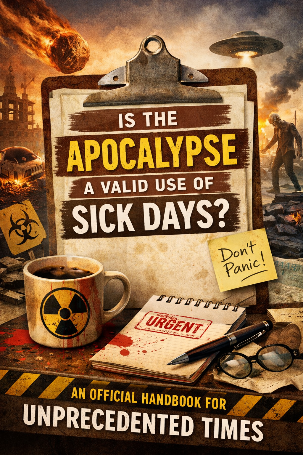 A book titled 'Is the Apocalypse a Valid Use of Sick Days?' with a note that says 'Don't Panic!', a mug with a radioactive symbol, glasses, a pen, a notepad with 'Urgent' stamped on it, and a background depicting a post-apocalyptic scene with a UFO, a falling asteroid, a destroyed car, and zombies.