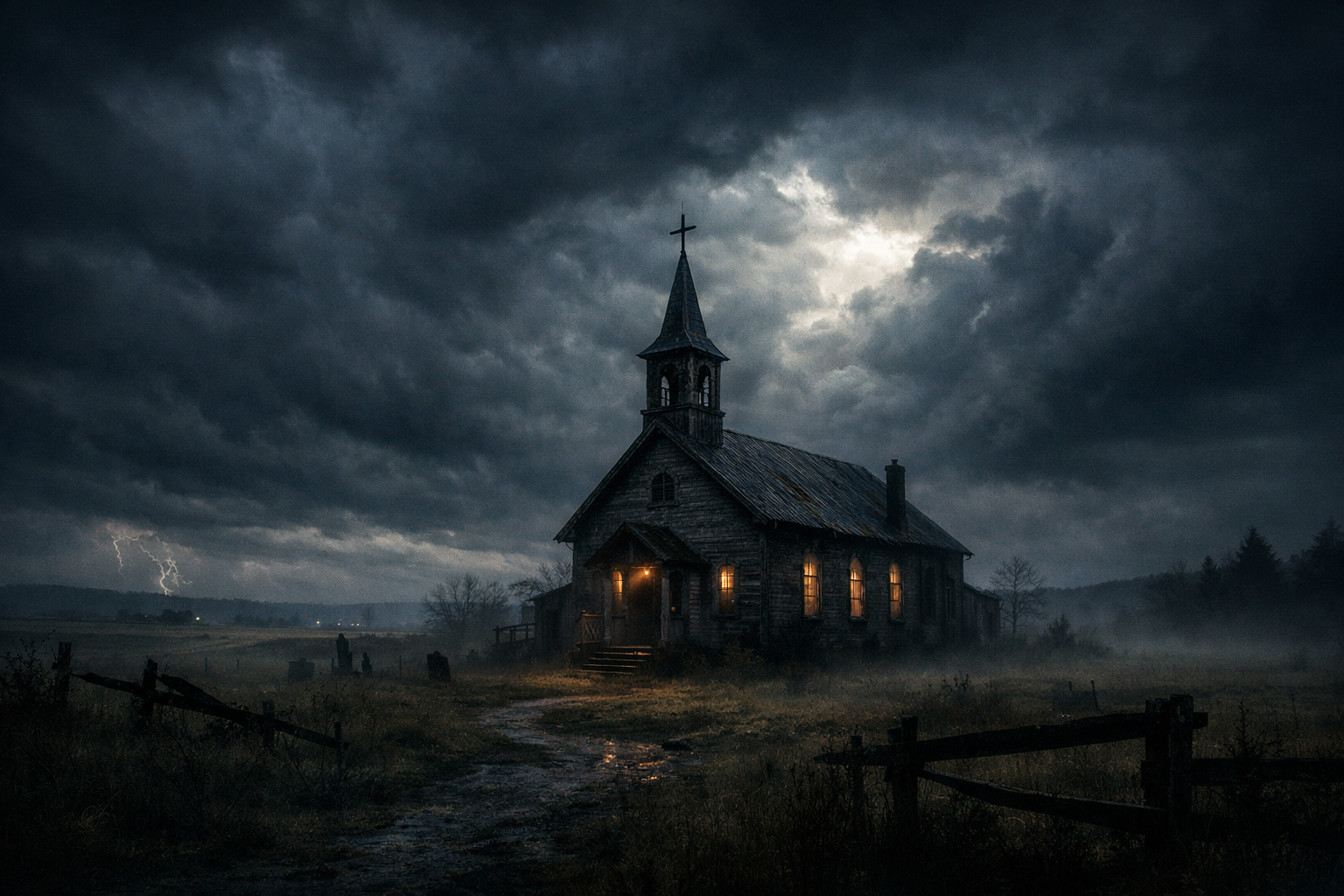 An old wooden church illuminated from within, situated in a dark, stormy landscape with lightning in the distance and overgrown grass surrounding a muddy path.