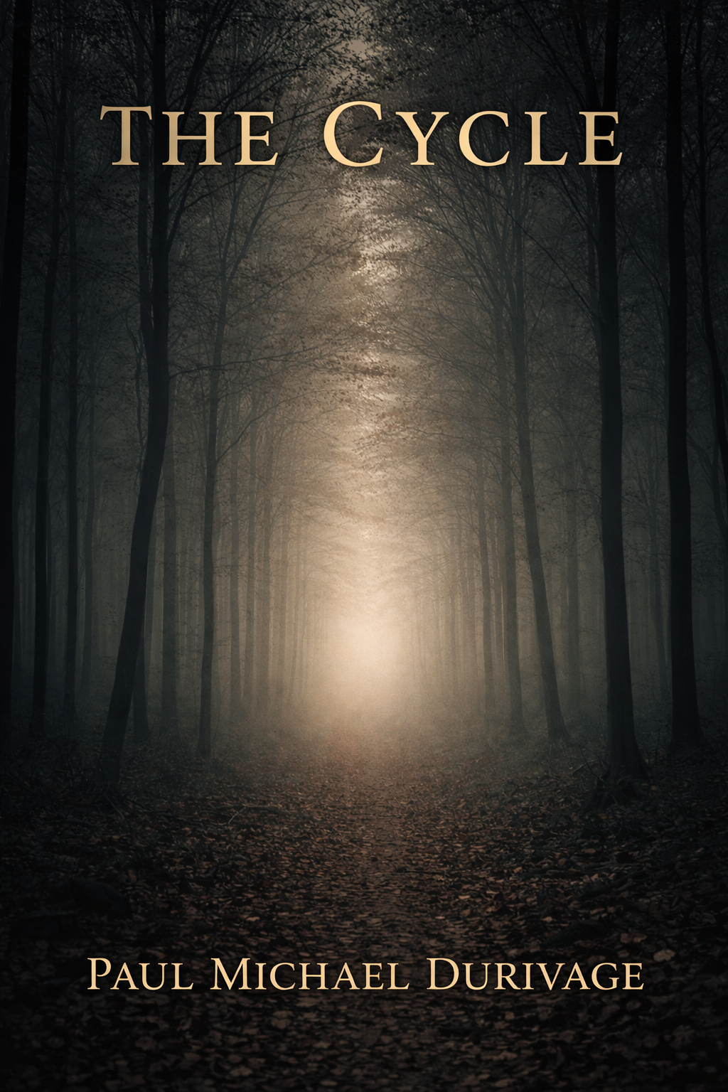 A misty forest with tall, leafless trees lining a dark, leaf-covered path. A bright light is emanating from the distance, illuminating the fog.