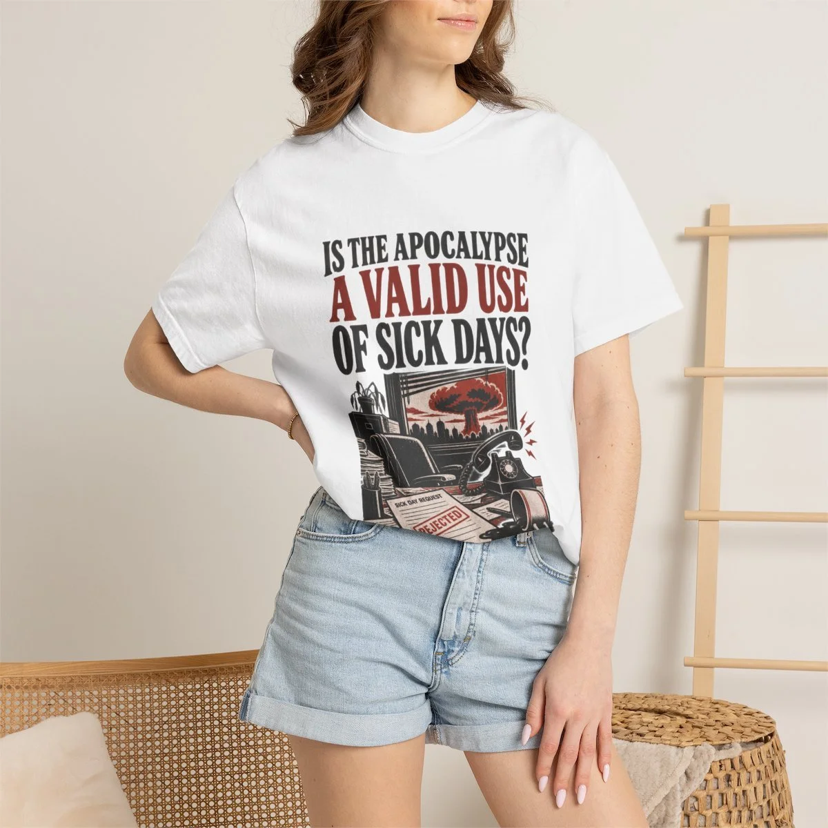 Apocalypse graphic tee — White Person 5 Context, modeled in a warm beige room