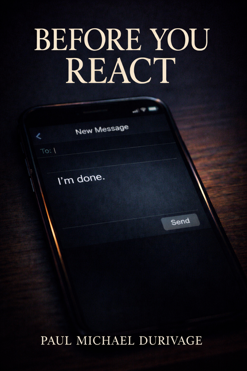 A smartphone displaying a message that says 'I'm done.' with a dark background and a wooden surface beneath it. The text 'BEFORE YOU REACT' is at the top, and 'PAUL MICHAEL DURIVAGE' is at the bottom.