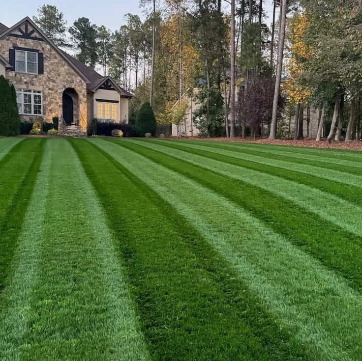 Well-maintained green lawn with alternating light and dark stripes in front of a large brick house with trees in the background.