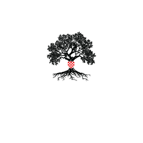 A black silhouette of a large tree with extensive roots, featuring a red and white checkered shield emblem at the trunk.