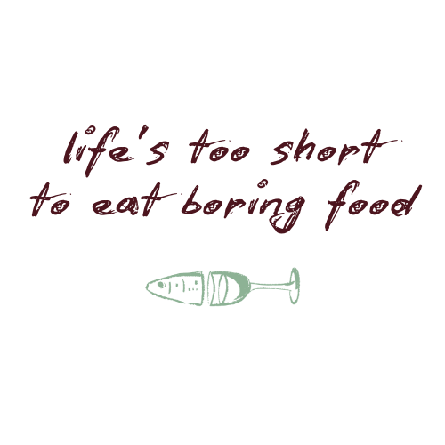 A quote says, 'life's too short to eat boring food,' with a simple illustration of a syringe below it.