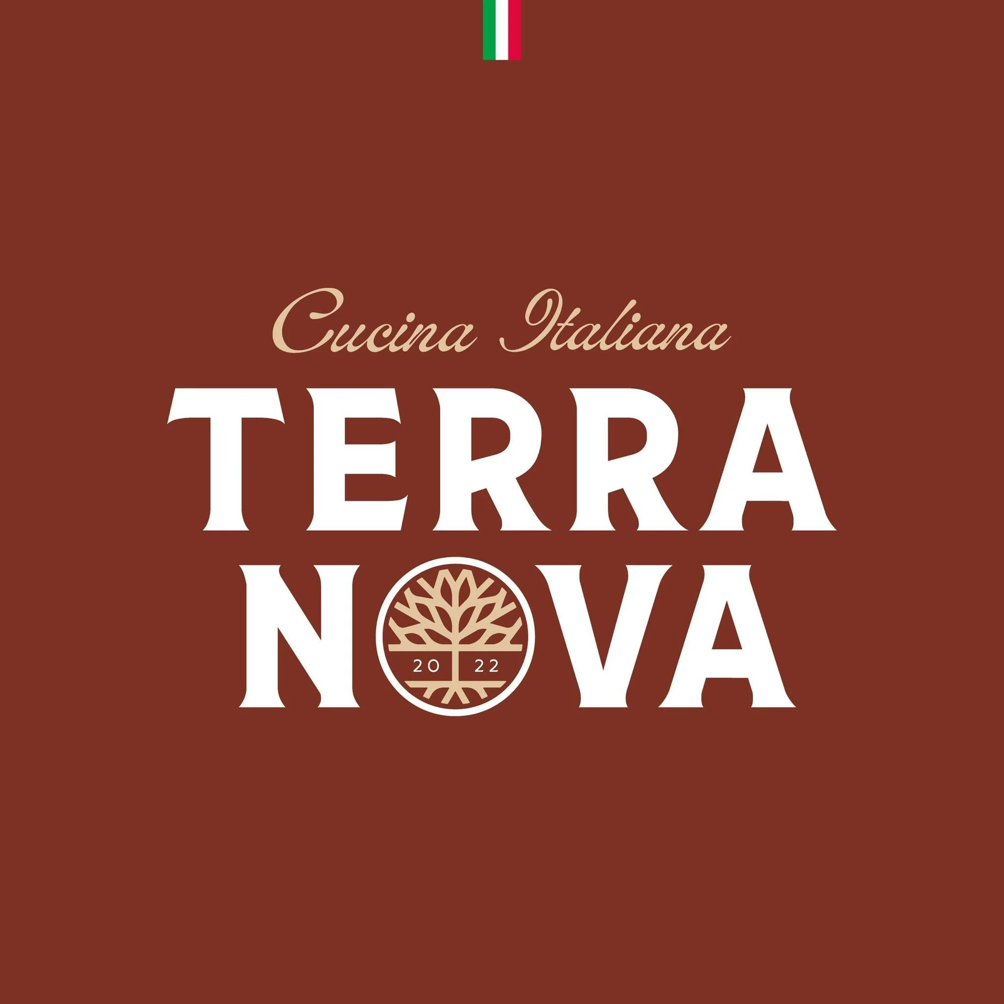 Logo for Terra Nova Italian Cuisine restaurant, with a brown background, the name in large white letters, and a circular emblem with a tree and the year 2022.