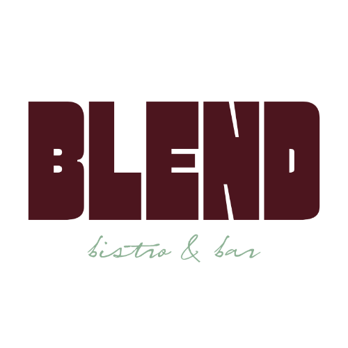 Logo voor Blend Bistro & Bar met het woord ‘BLEND’ in grote bordeauxrode letters en ‘bistro & bar’ in een kleiner, cursief mintgroen lettertype.