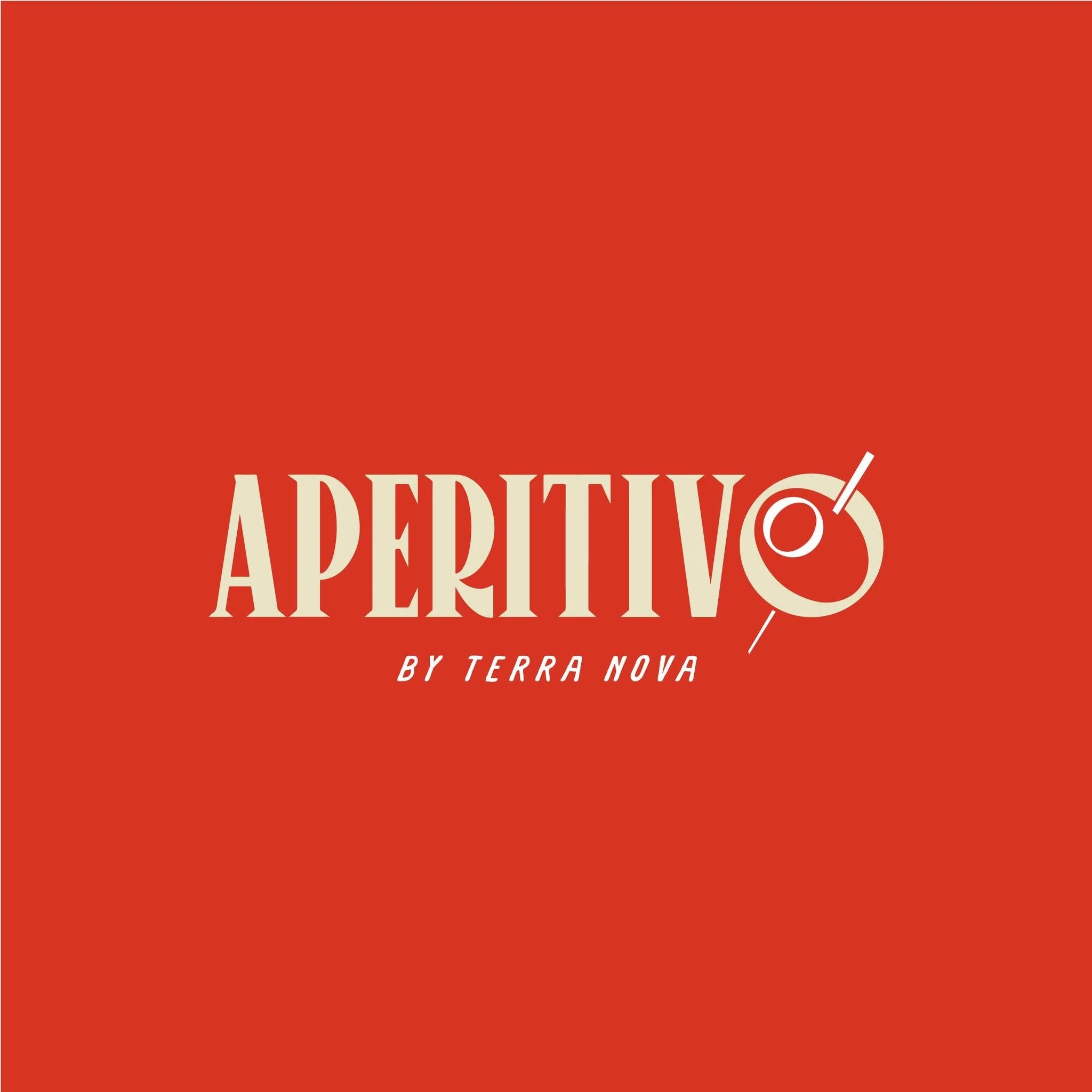 Red background with the word 'APERITIVO' and a circular logo with a straw and olive, followed by the text 'BY TERRA NOVA'.
