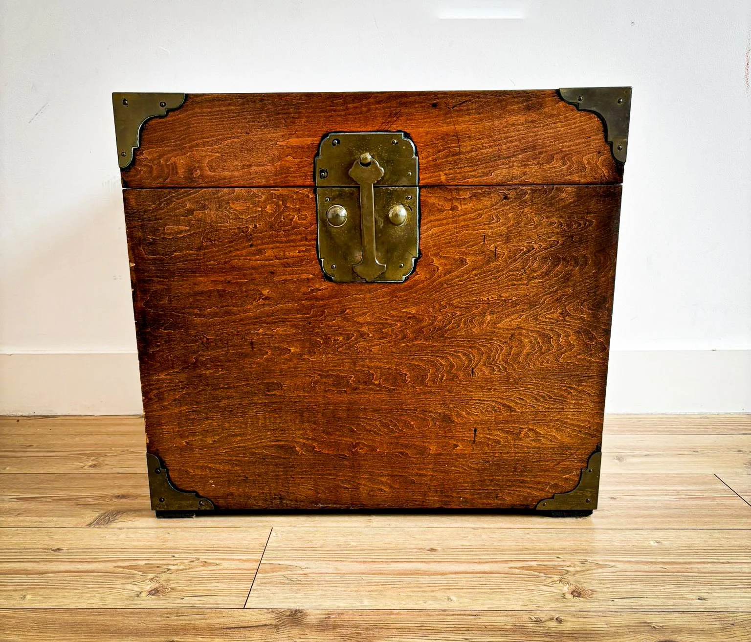 Antique Brass-Bound Wooden Storage Chest