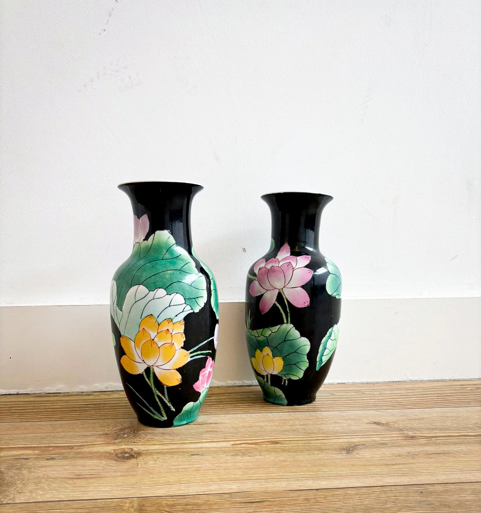 Pair of Hand-Painted Chinese Lotus Vases, c.1960–1980