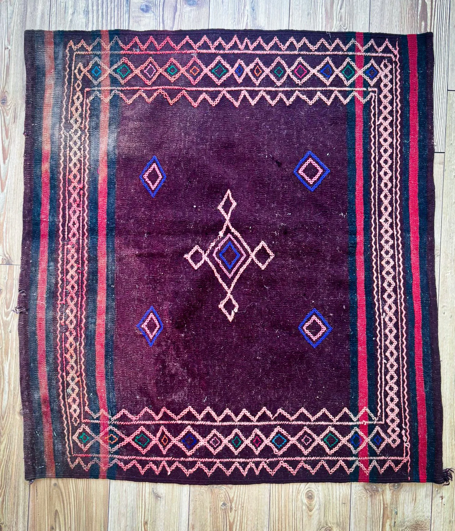 An Exquisitely Timeworn Hand-Stitched Square Rug in Soft Brown & Blush Tones, c.1900