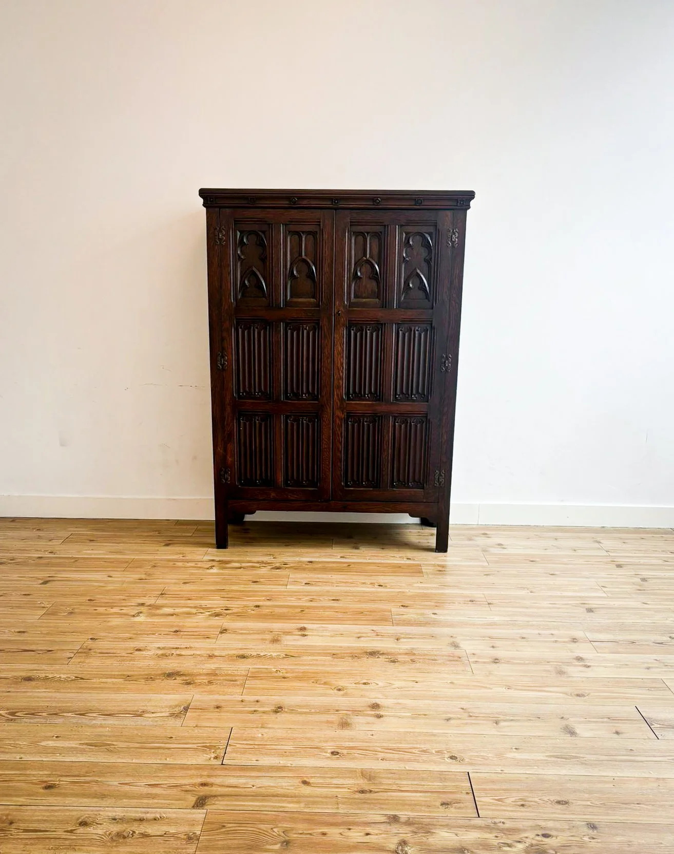 Grand Gothic Revival Solid Oak Wardrobe, Late Victorian c.1900
