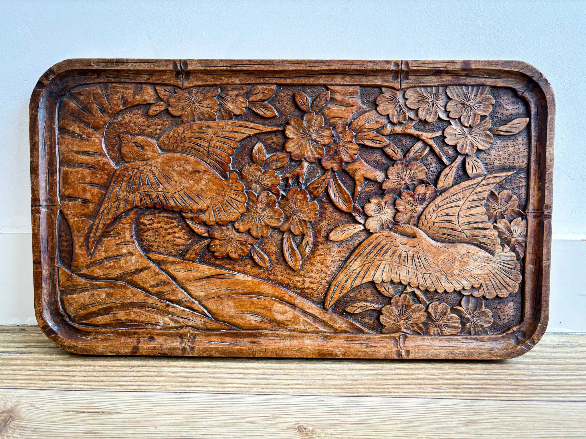 Early 20th Century Japanese Hand-Carved Sakura & Crane Decorative Table top, c.1930