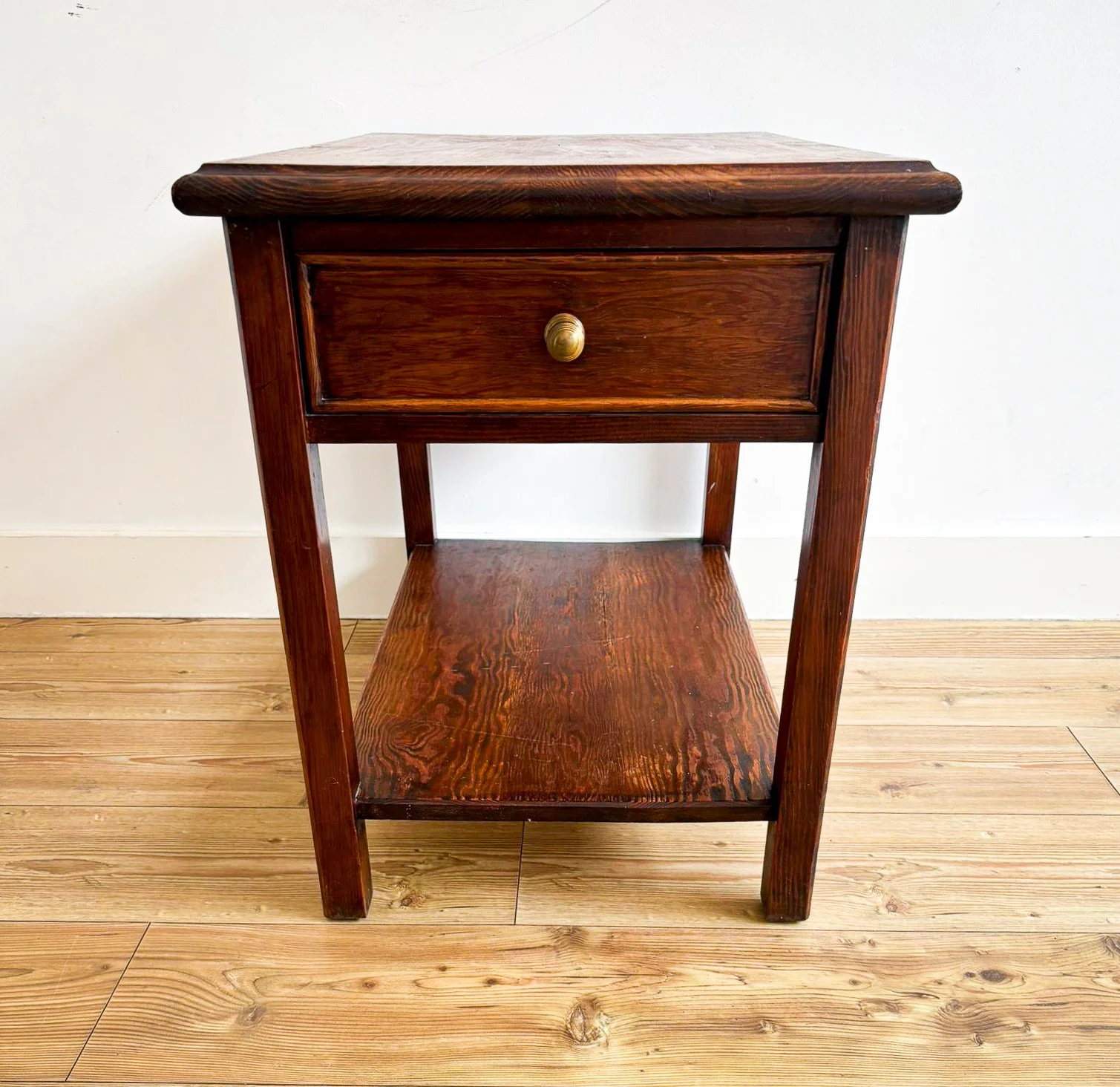 Early 20th Century English Solid Oak Bedside Table with Drawer & Under-Shelf, c.1920