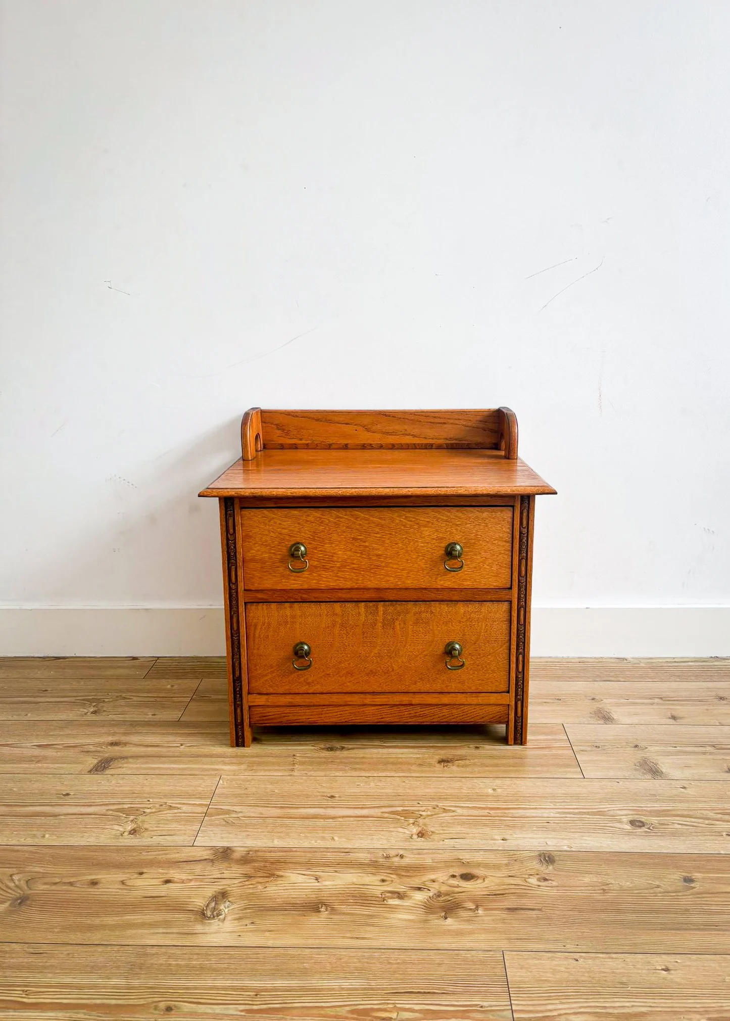 Edwardian Arts & Crafts Solid Oak Bedside Cabinet / Two-Drawer Chest, c.1910
