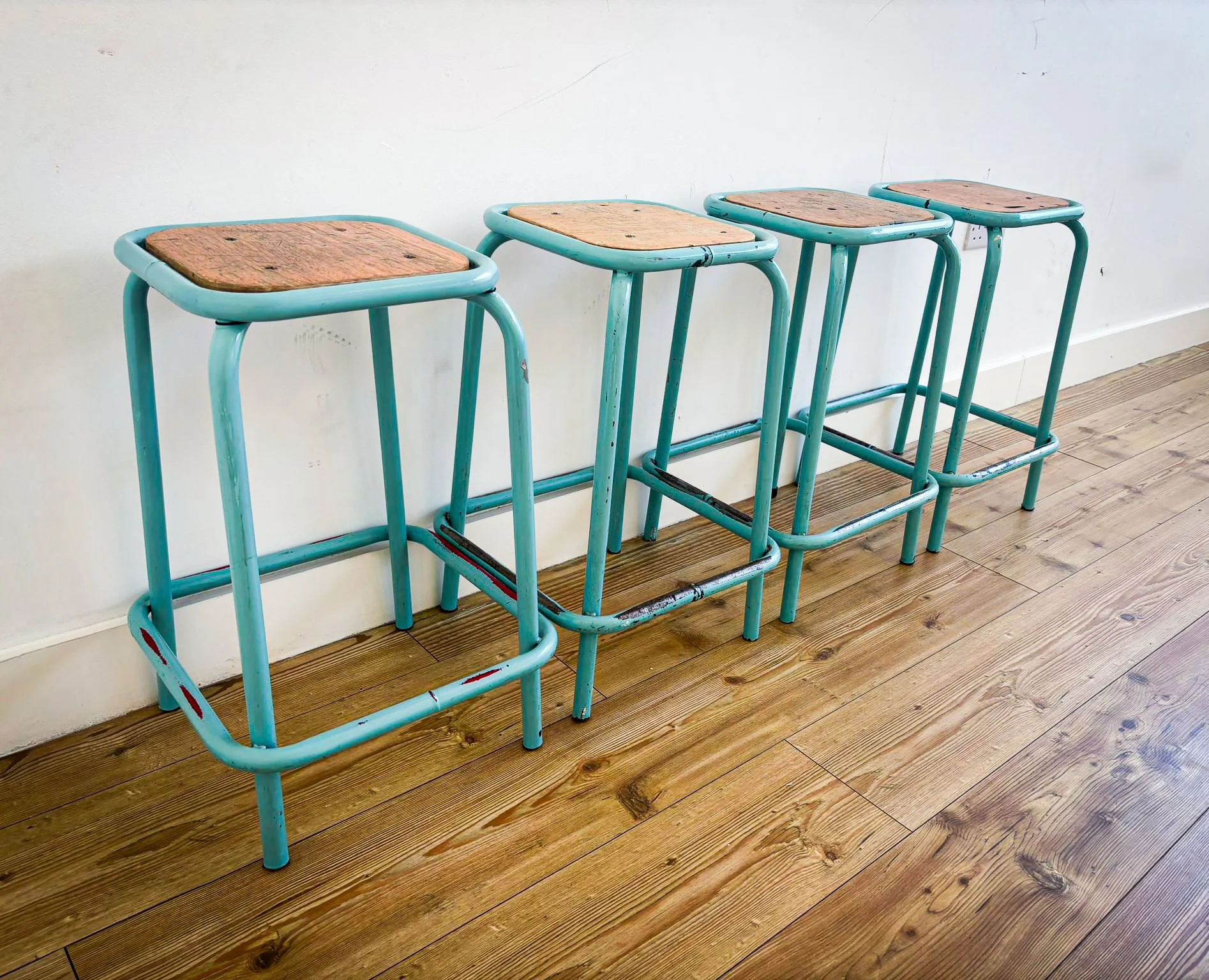 Mid-Century School Stacking Stools in Original Turquoise, c.1960