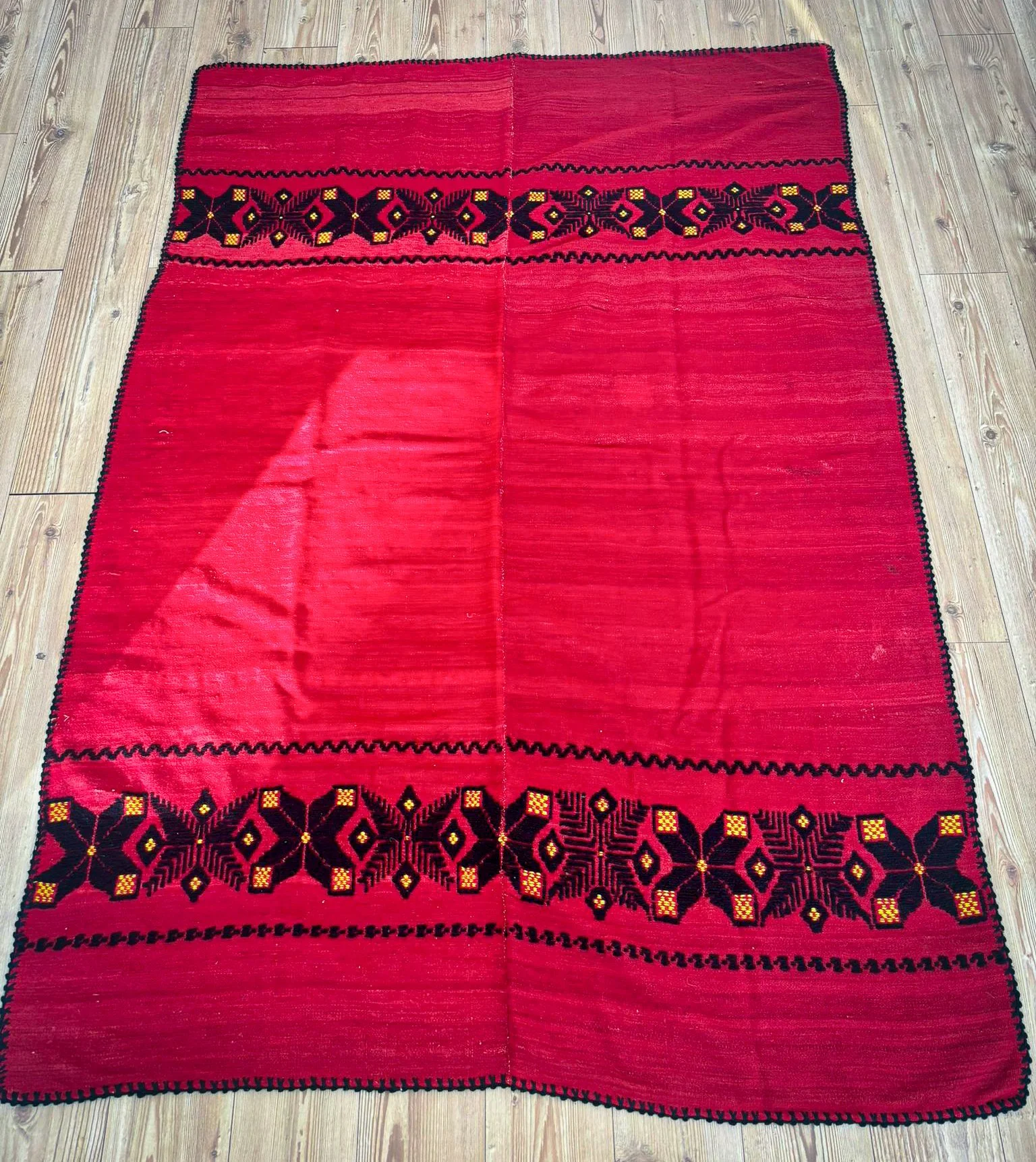 Vintage Afghan Red Kilim Wall Hanging / Room Divider – Hand-Stitched, c.1980s