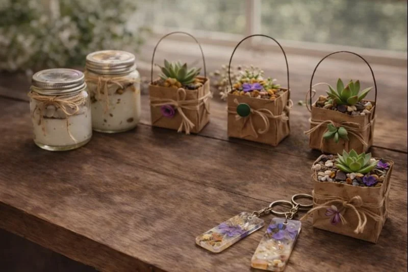 Decorative jars and small potted succulents on a wooden surface, with two keychain accessories in front.