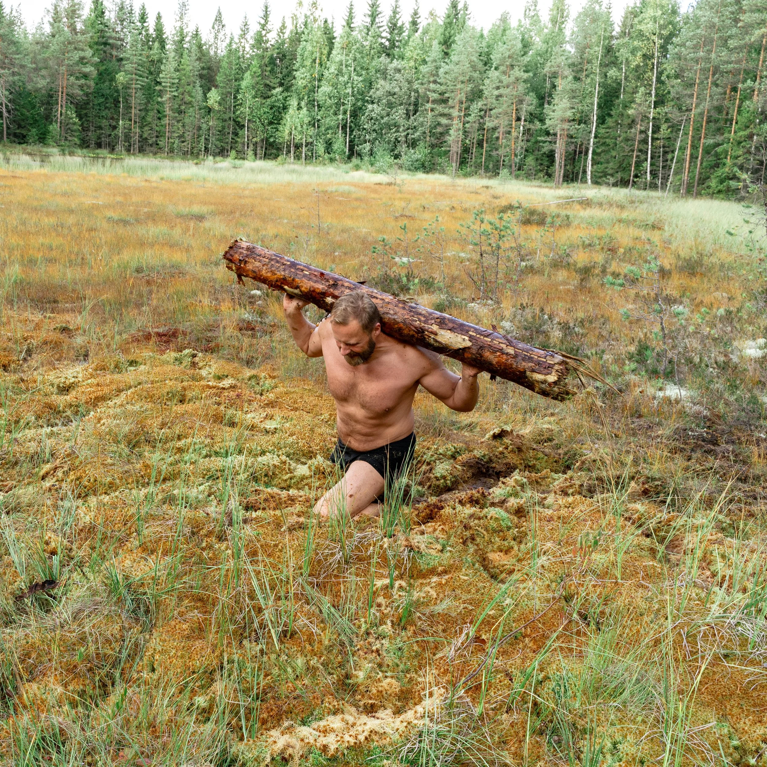 A shirtless man with a beard and black shorts is crouching in a marshy area, carrying a large log on his back, with a forested background.