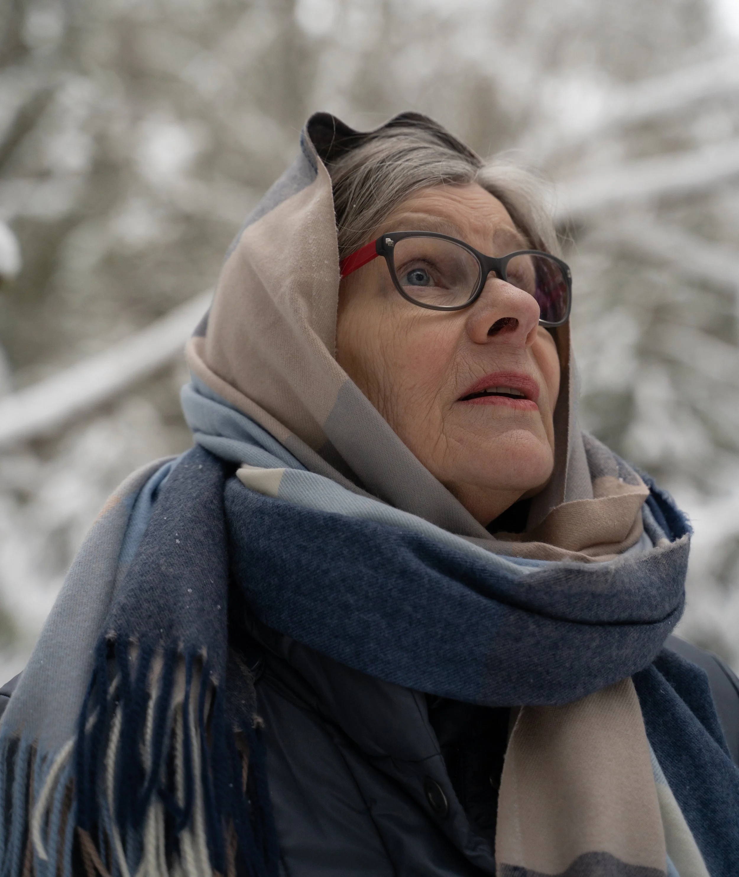 An elderly woman with glasses and grey hair, wearing a multicolored scarf and coat, outdoors in a snow-covered environment.