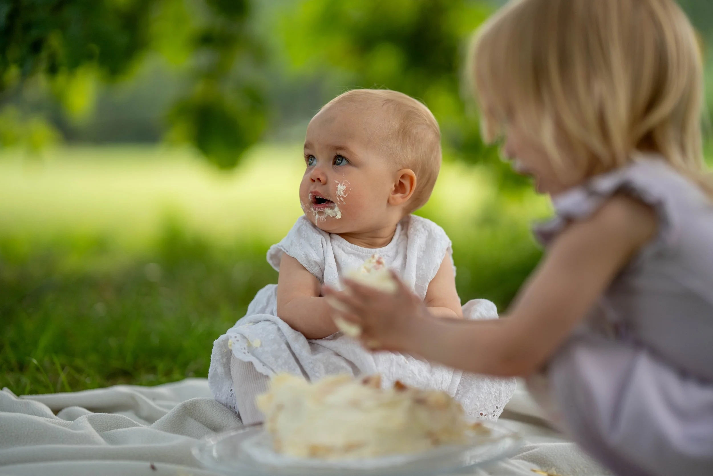 Two young children having a picnic outdoors, one child with food and cake on face, sitting on a blanket with cake in front, trees and grass in background.