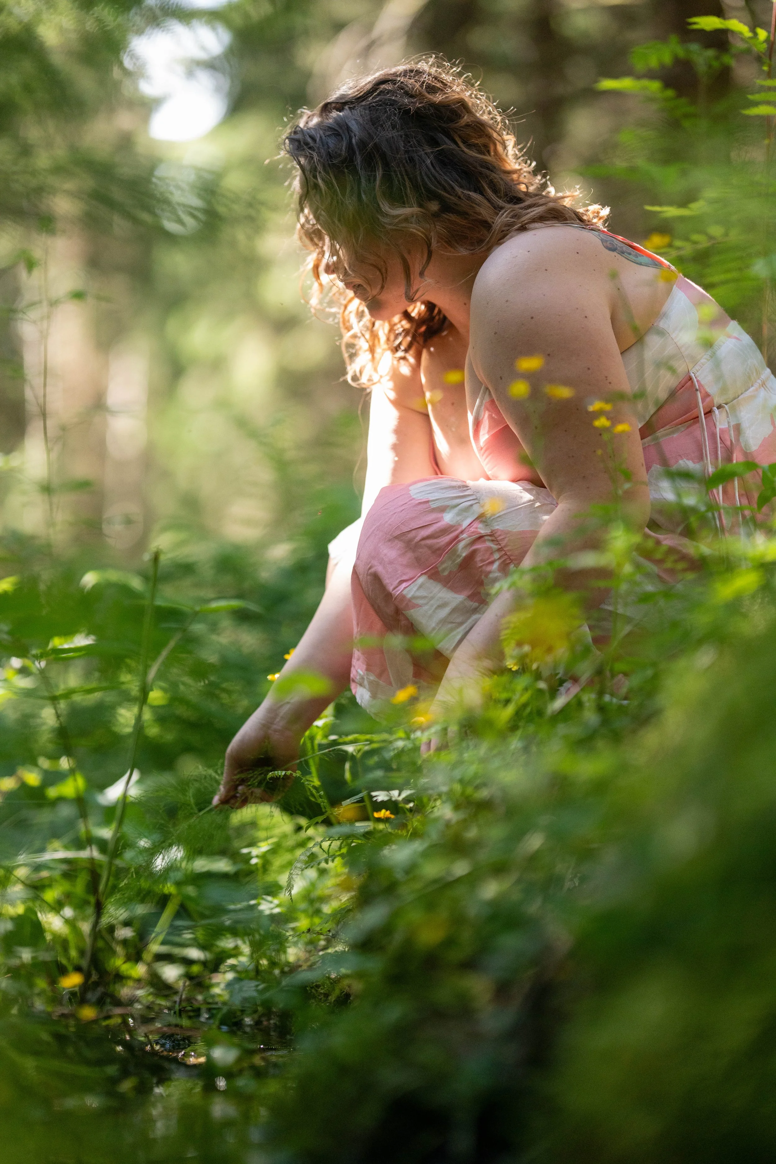 A woman with curly hair is crouching in a green, sunlit forest, picking wildflowers or plants.